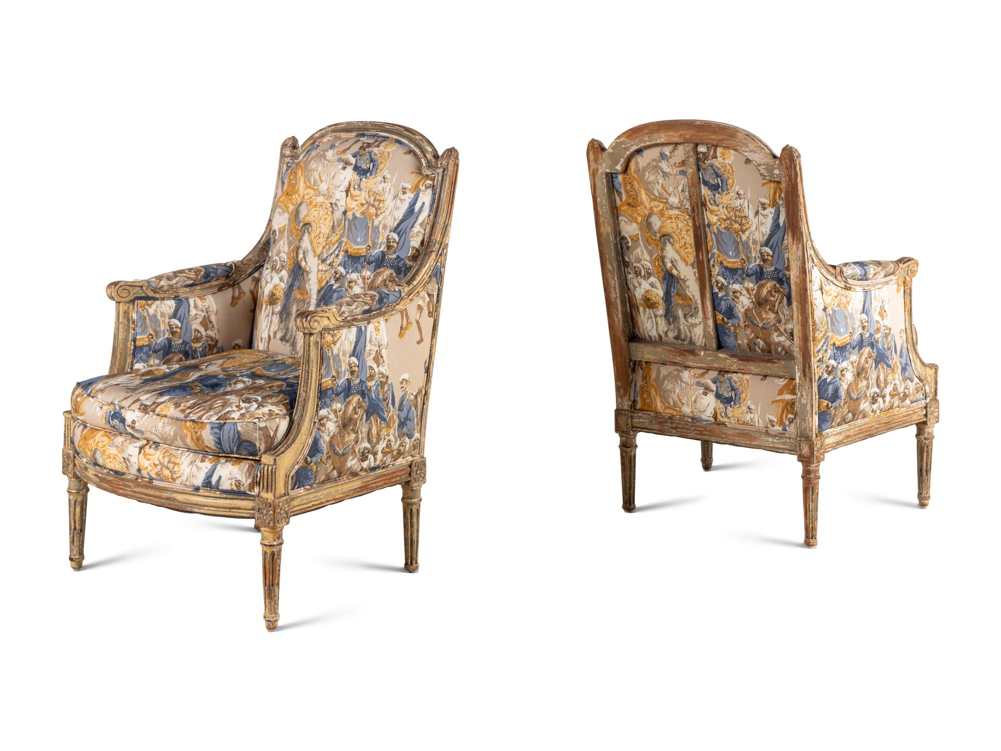 A Pair of Louis XVI Gray-Painted Bergères