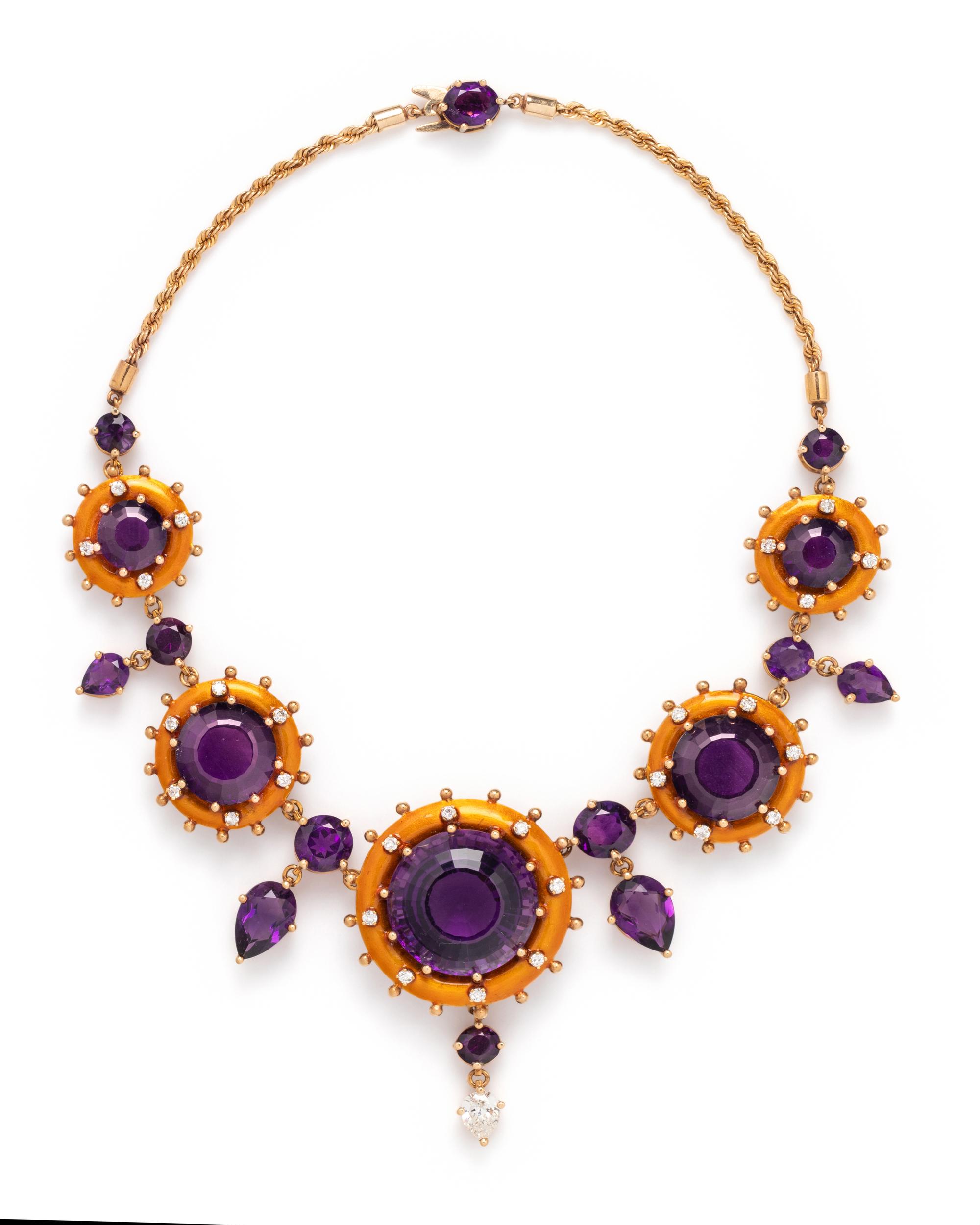 AMETHYST, DIAMOND AND ENAMEL NECKLACE