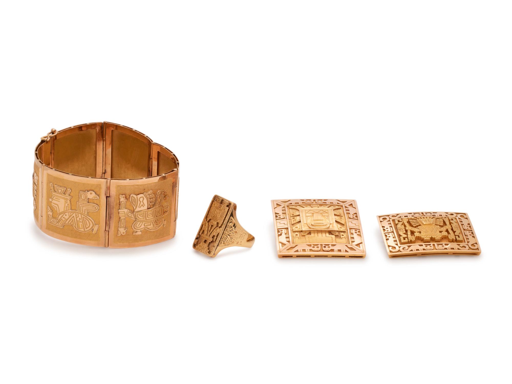 COLLECTION OF YELLOW GOLD PERUVIAN STYLE JEWELRY