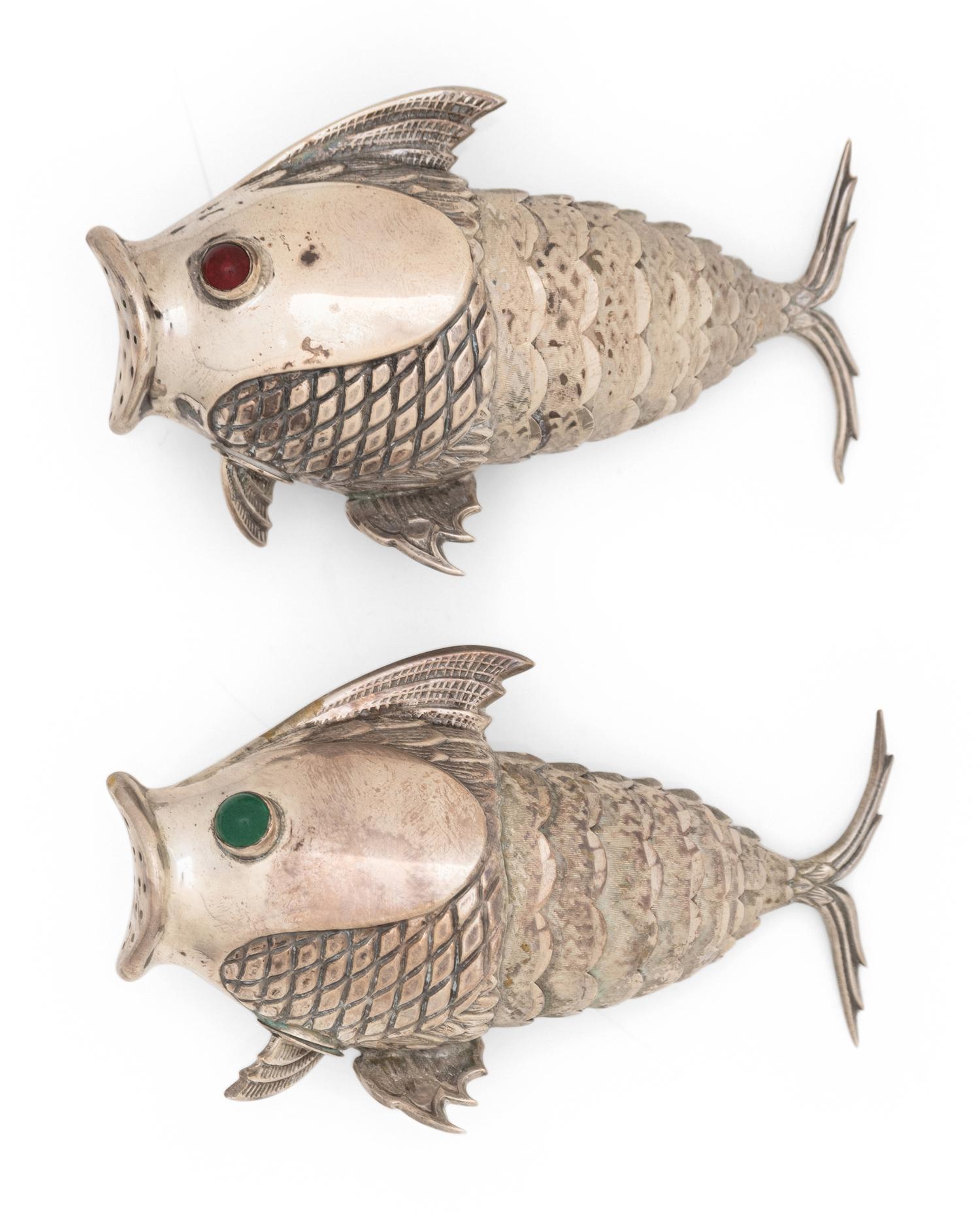 A Pair of Spanish Silver Articulated Fish-Form Casters