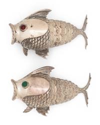 A Pair of Spanish Silver Articulated Fish-Form Casters