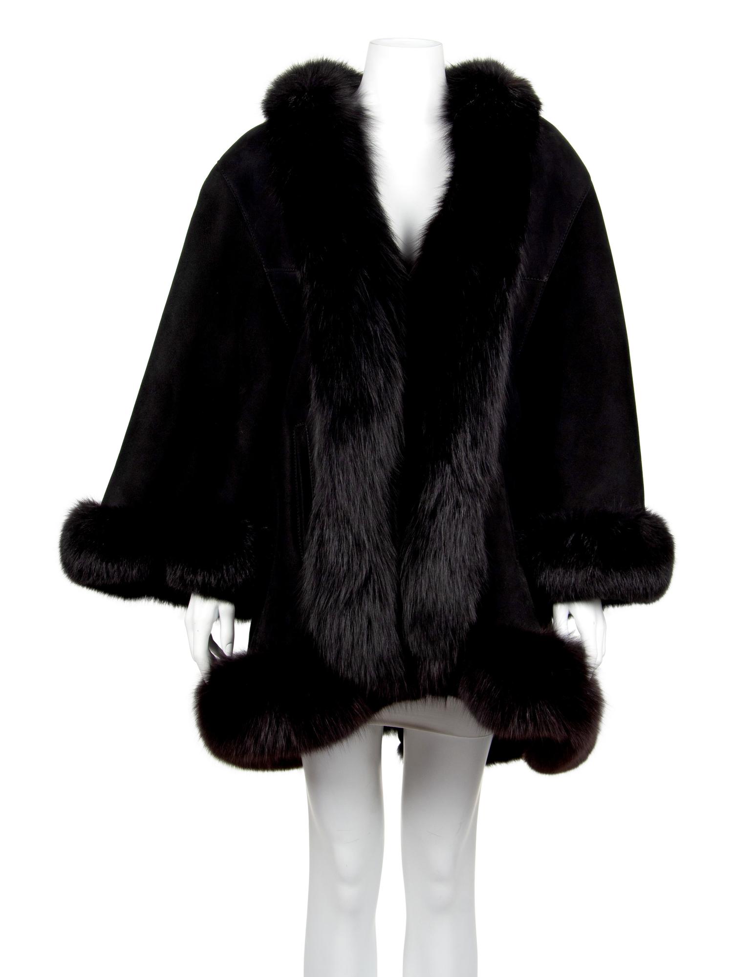 John F. Black Shearling Lined Coat trimmed in Fox, 2000's