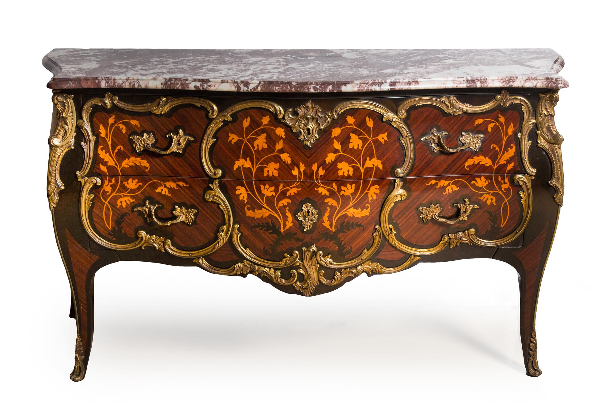 A Louis XV Style Gilt Metal Mounted Marquetry Commode Height 33 1/2 x width 61 x depth 22 1/4 inches. — SECOND HALF 20TH CENTURY