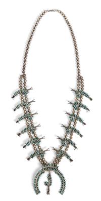 A Zuni Petit Point Squash Blossom Necklace Length 28 inches; naja height 2 1/2 x width 2 1/2 inches.