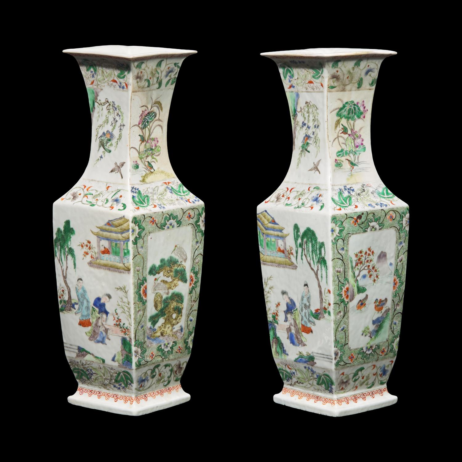 A Pair of Chinese Famille Rose Vases, Late Qing to Republic Period 清末民初 粉彩松鶴萬年四方賞瓶一對