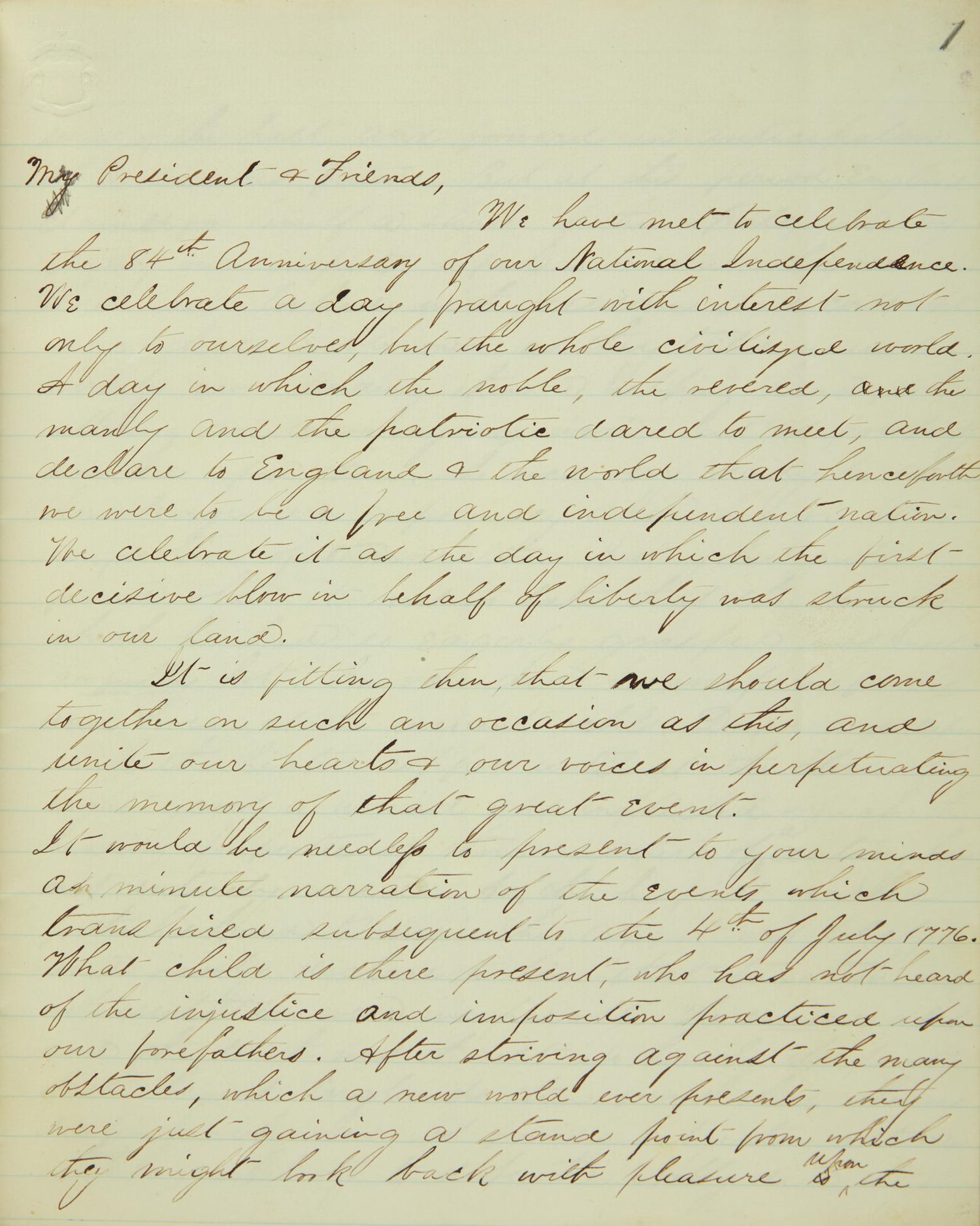 [American Revolution] Fourth of July Oration Delivered at Hancock July 4th 1860