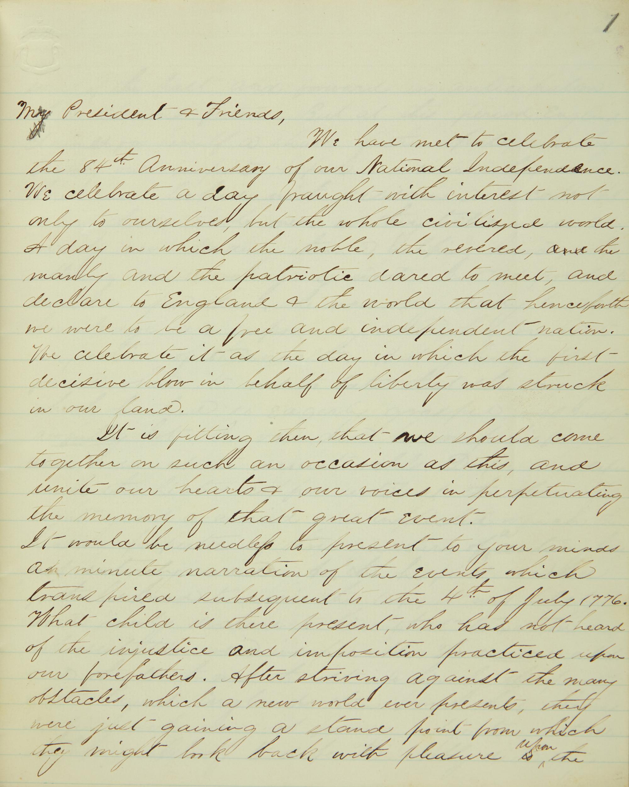 [American Revolution] Fourth of July Oration Delivered at Hancock July 4th 1860