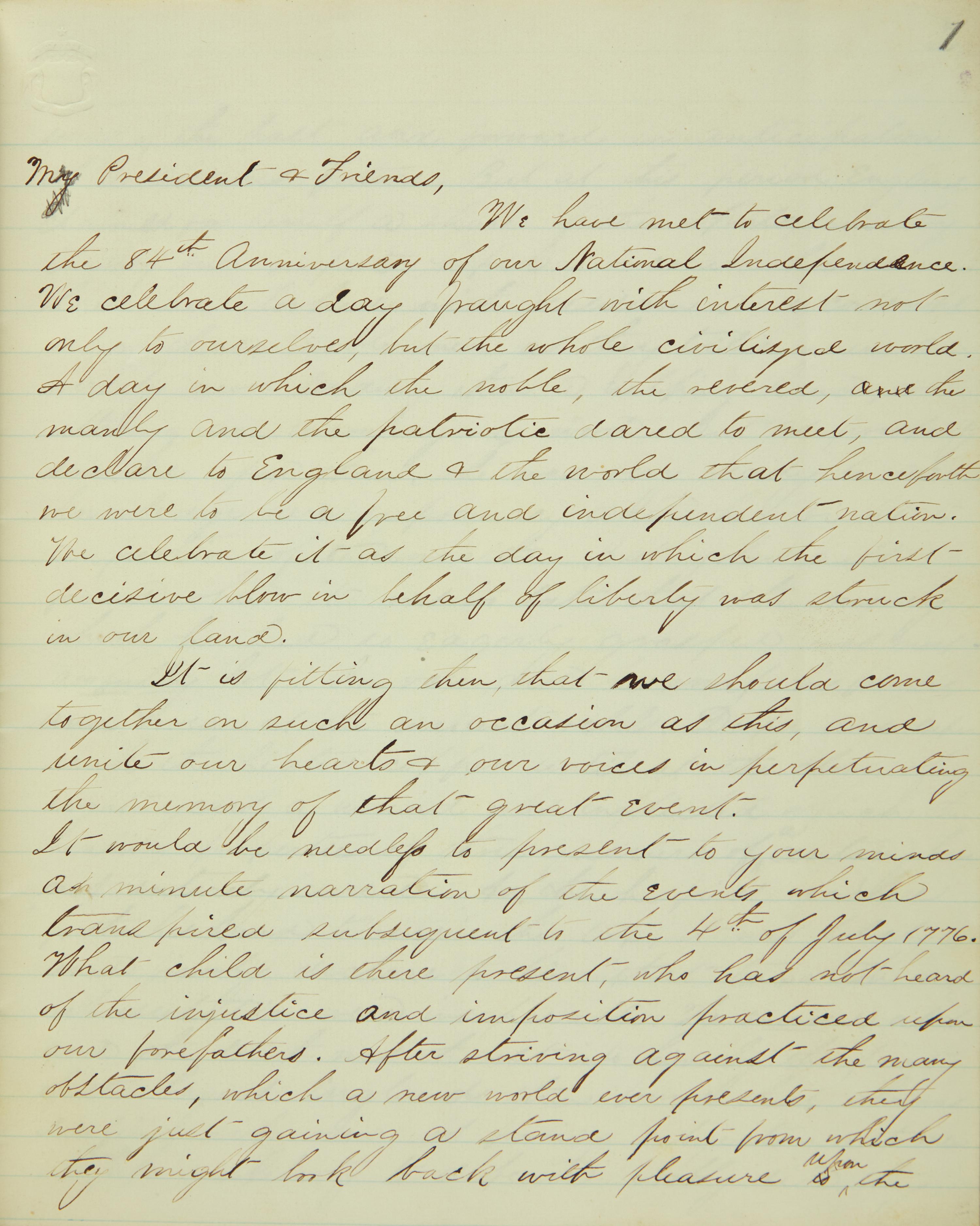 [American Revolution] Fourth of July Oration Delivered at Hancock July 4th 1860