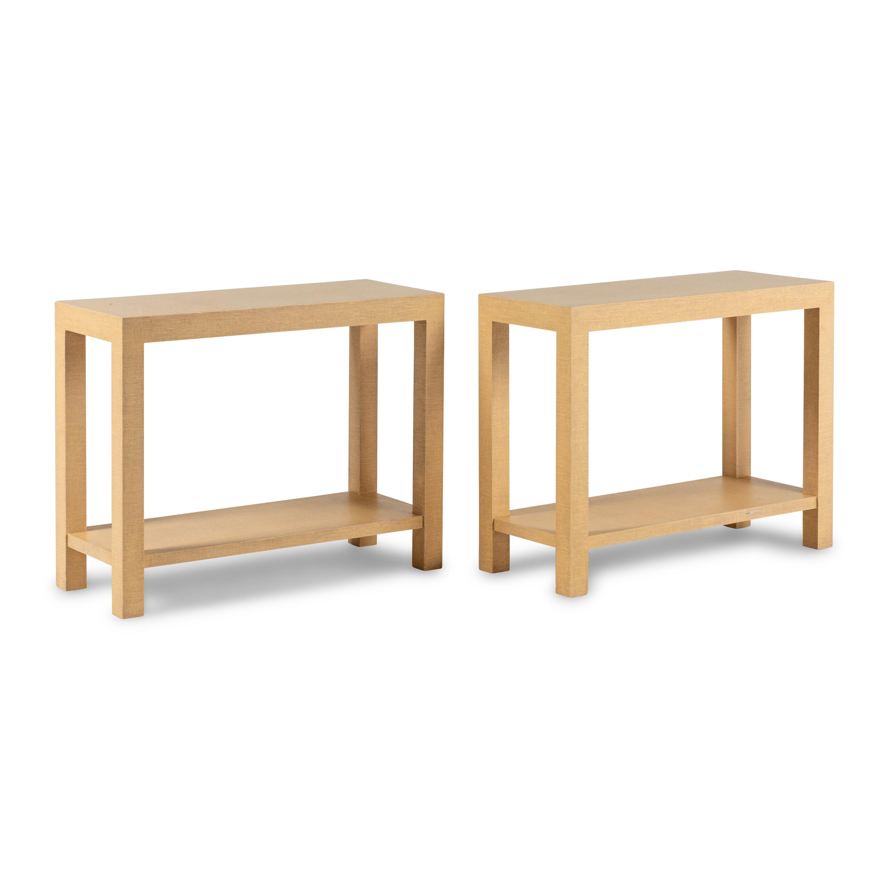 A Pair of Lacquered Raffia Veneered End Tables