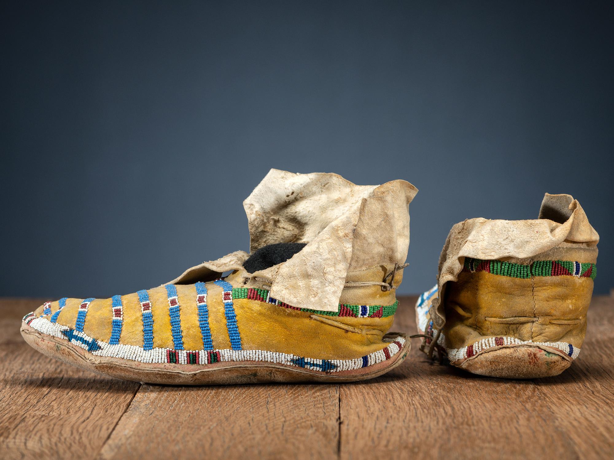 Northern Plains Beaded Hide Moccasins, with Recycled Parfleche Soles