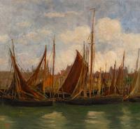 Raymond Woog (French, 1875-1949) Sailing Vessels in a Harbor, Townscape Beyond oil on canvas signed with a glyph (lower left) 21 x 23 inches.