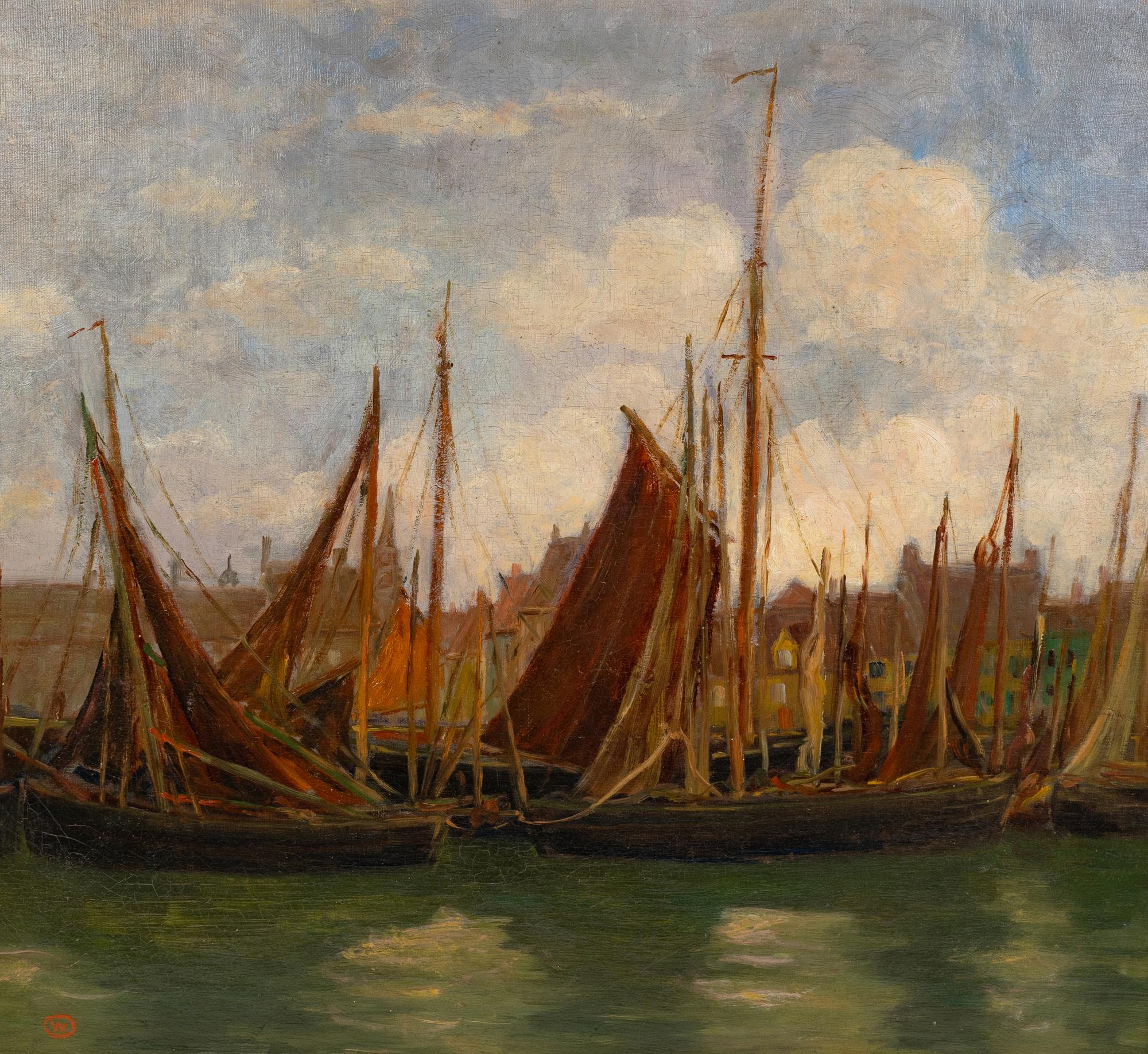 Raymond Woog (French, 1875-1949) Sailing Vessels in a Harbor, Townscape Beyond oil on canvas signed with a glyph (lower left) 21 x 23 inches.