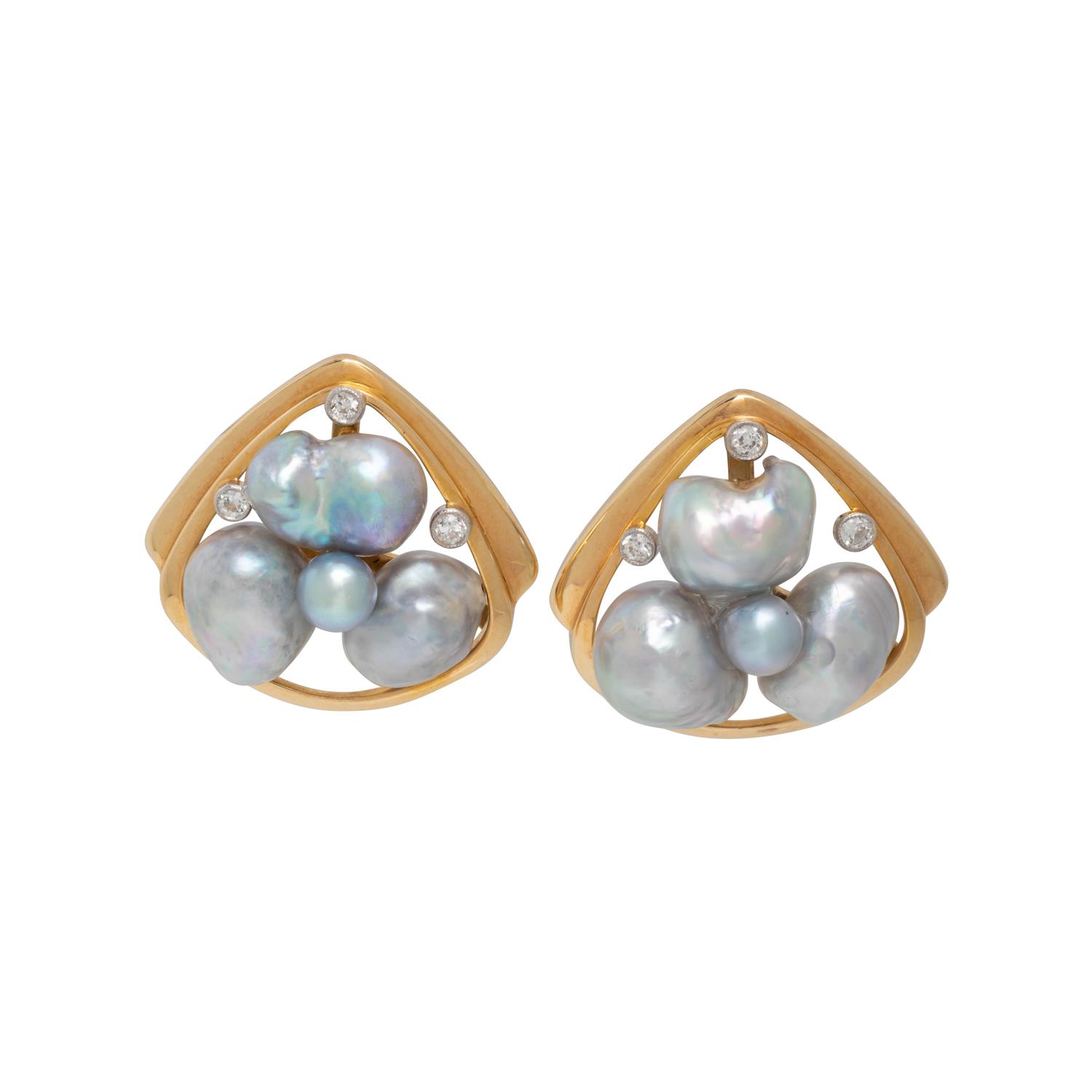 CULTURED BAROQUE PEARL AND DIAMOND EARCLIPS