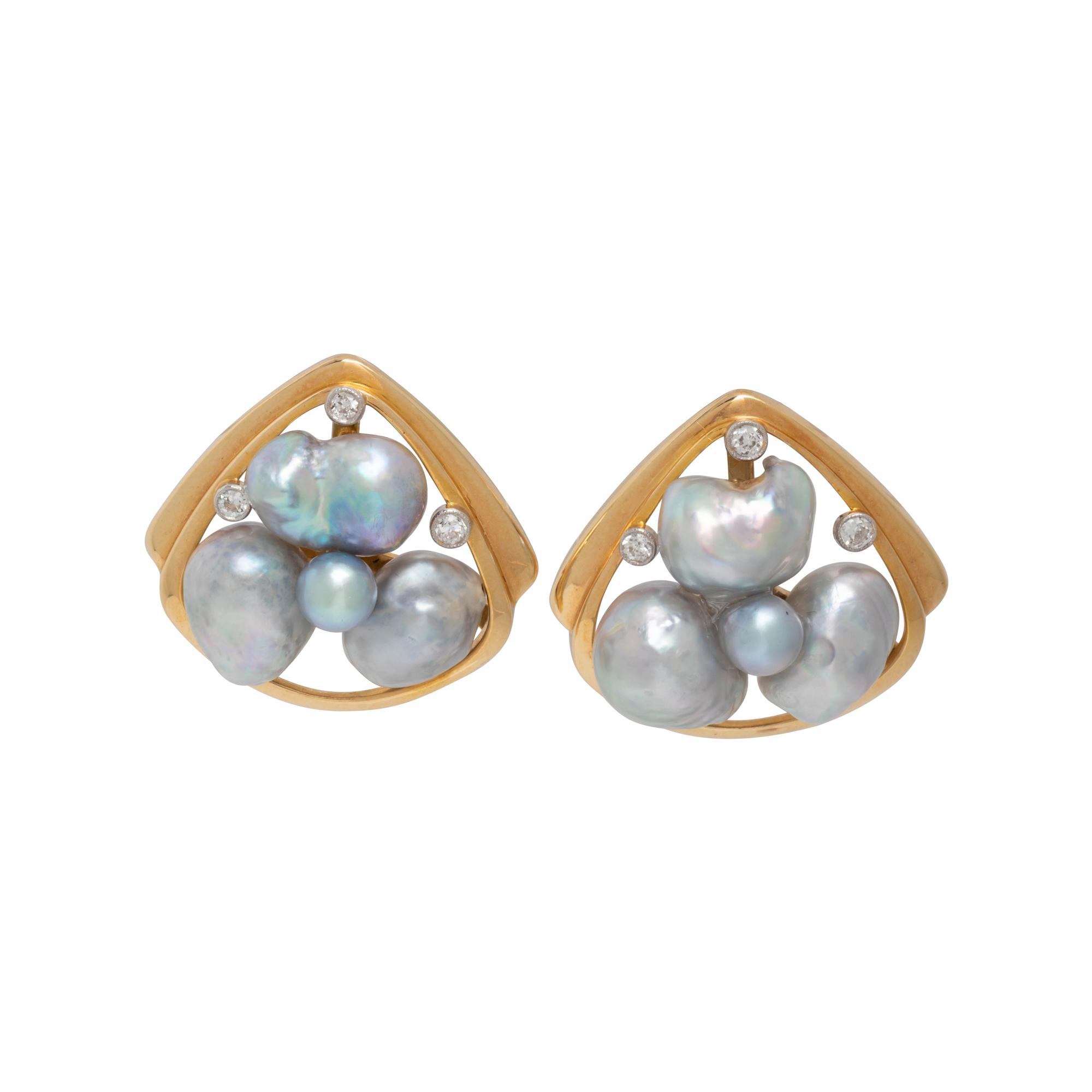CULTURED BAROQUE PEARL AND DIAMOND EARCLIPS