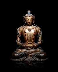 A Mongolian Gilt and Polychrome Painted Wood Figure of Amitayus
