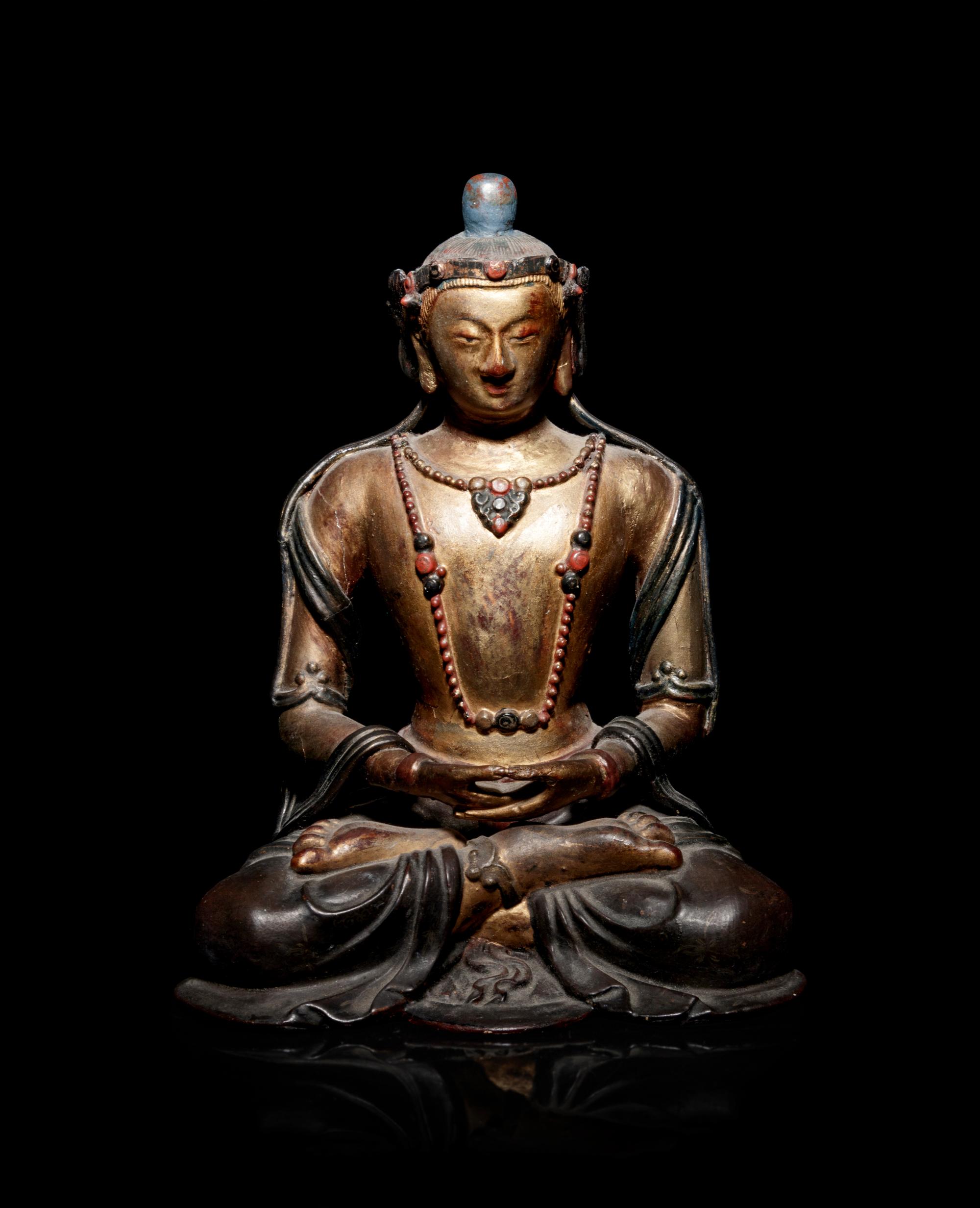 A Mongolian Gilt and Polychrome Painted Wood Figure of Amitayus