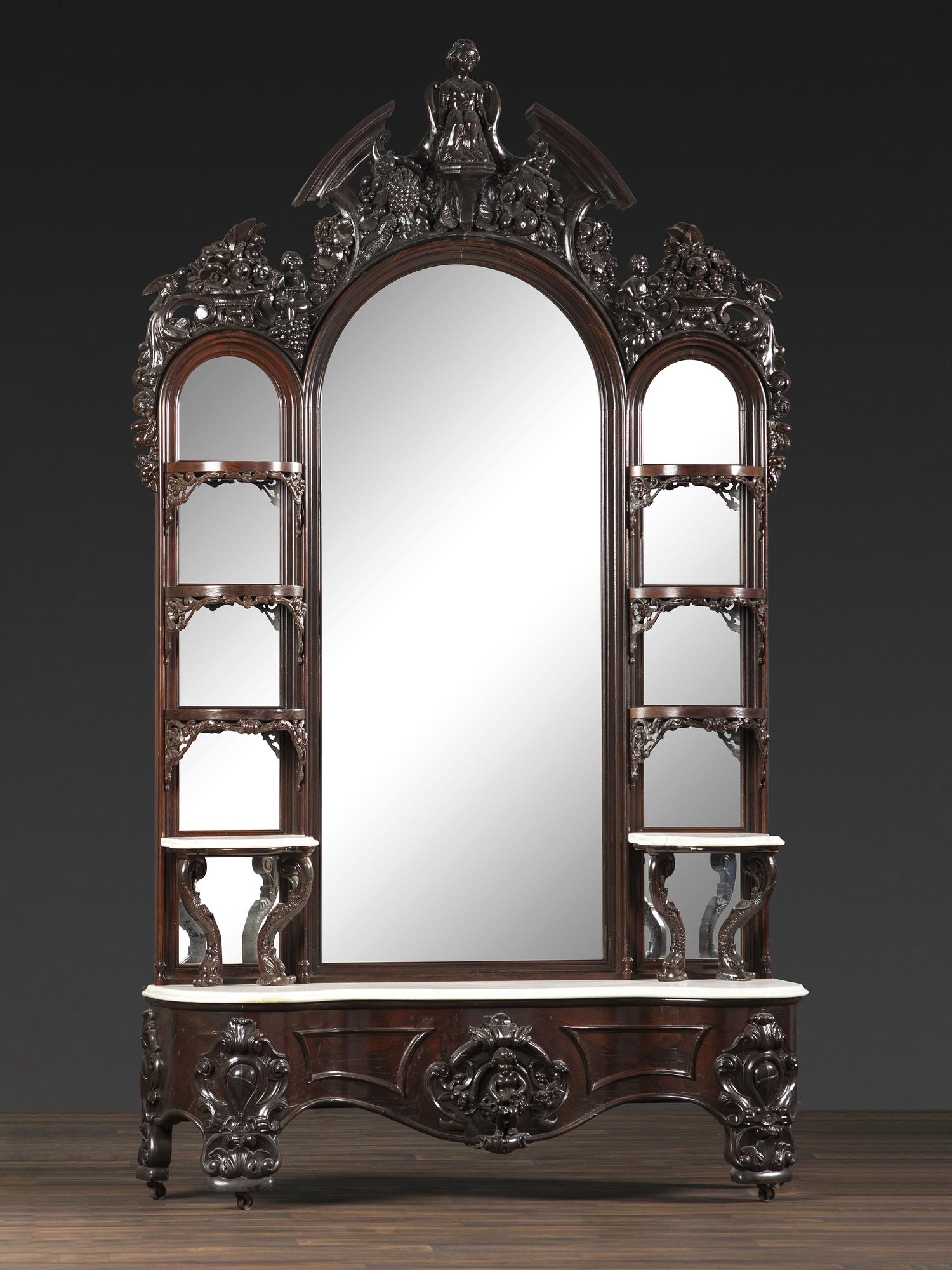 A Renaissance Revival Marble Mounted Carved and Laminated Rosewood Etagere