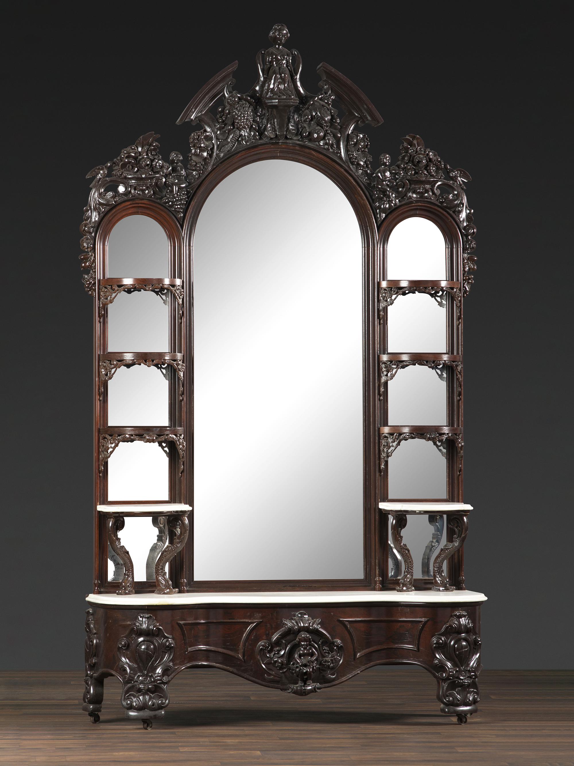 A Renaissance Revival Marble Mounted Carved and Laminated Rosewood Etagere