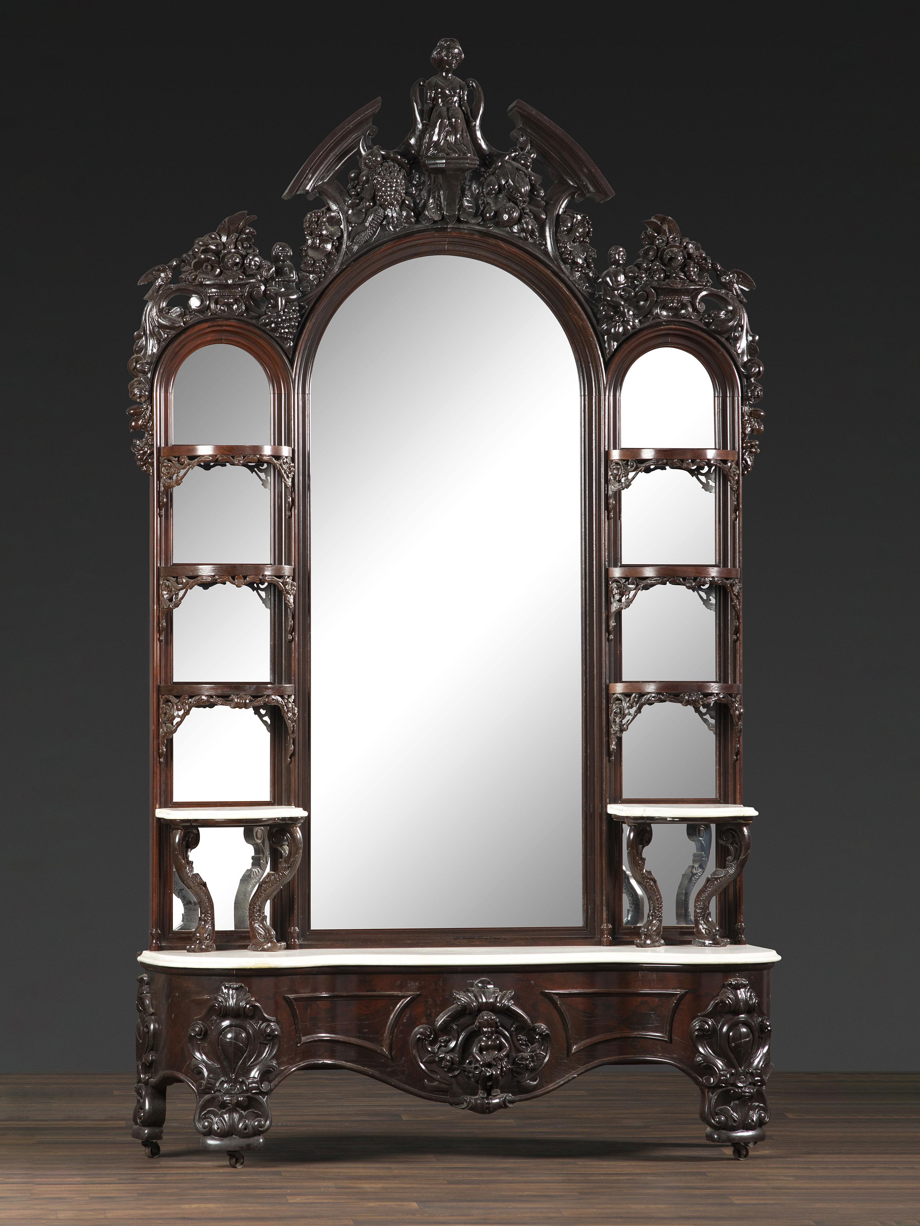 A Renaissance Revival Marble Mounted Carved and Laminated Rosewood Etagere