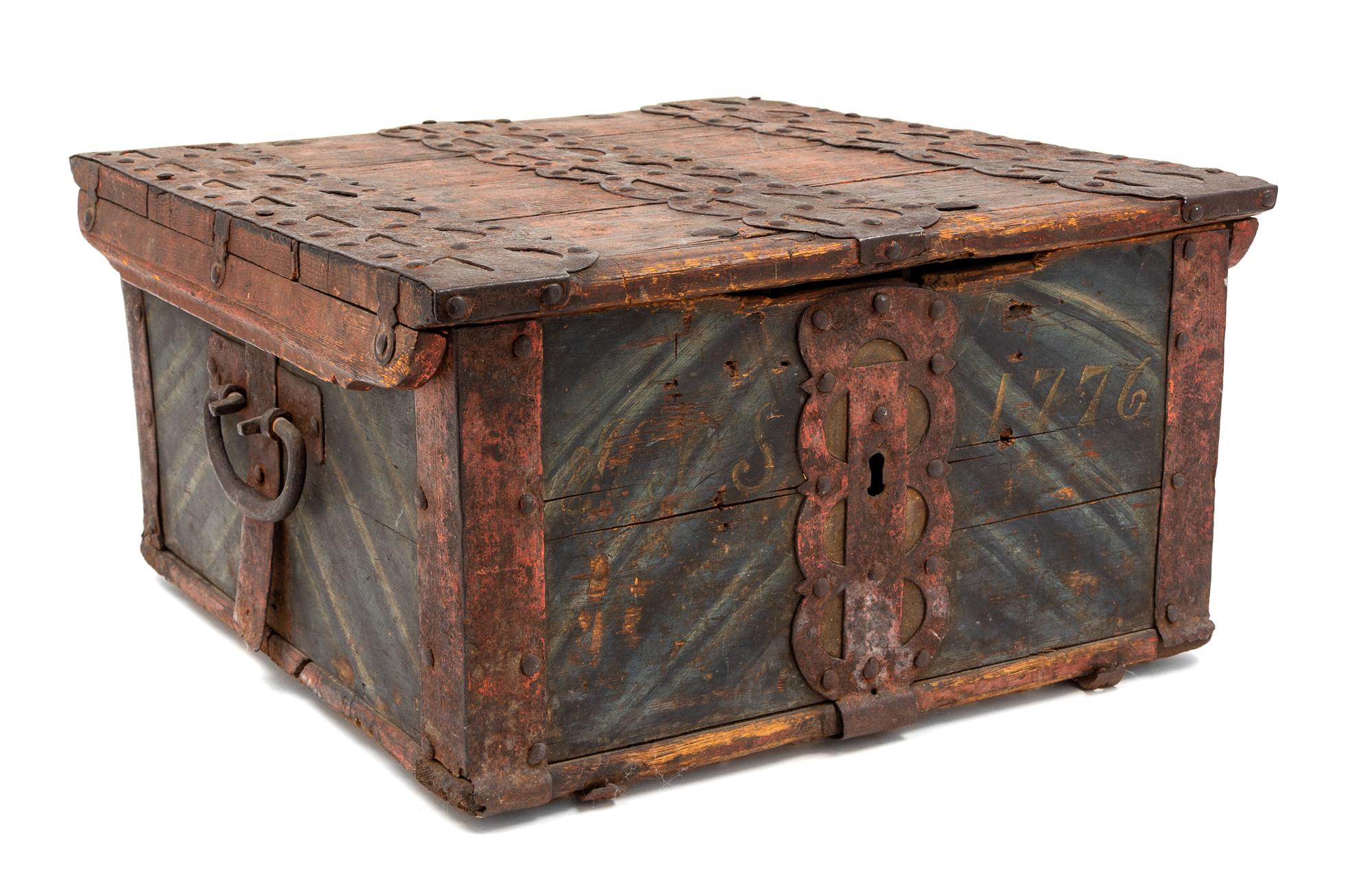 An Iron Bound Polychrome Decorated Seaman's Chest Height 9 3/4 x width 18 1/2 x depth 17 3/4 inches. — 18TH CENTURY