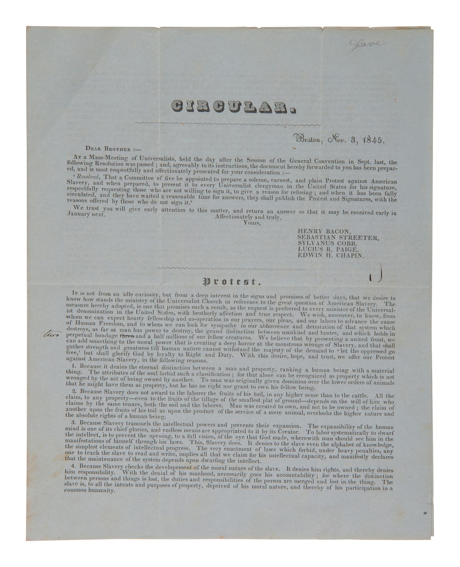 [ABOLITION] Universalist Church circular outlining a protest against slavery signed by James Weston