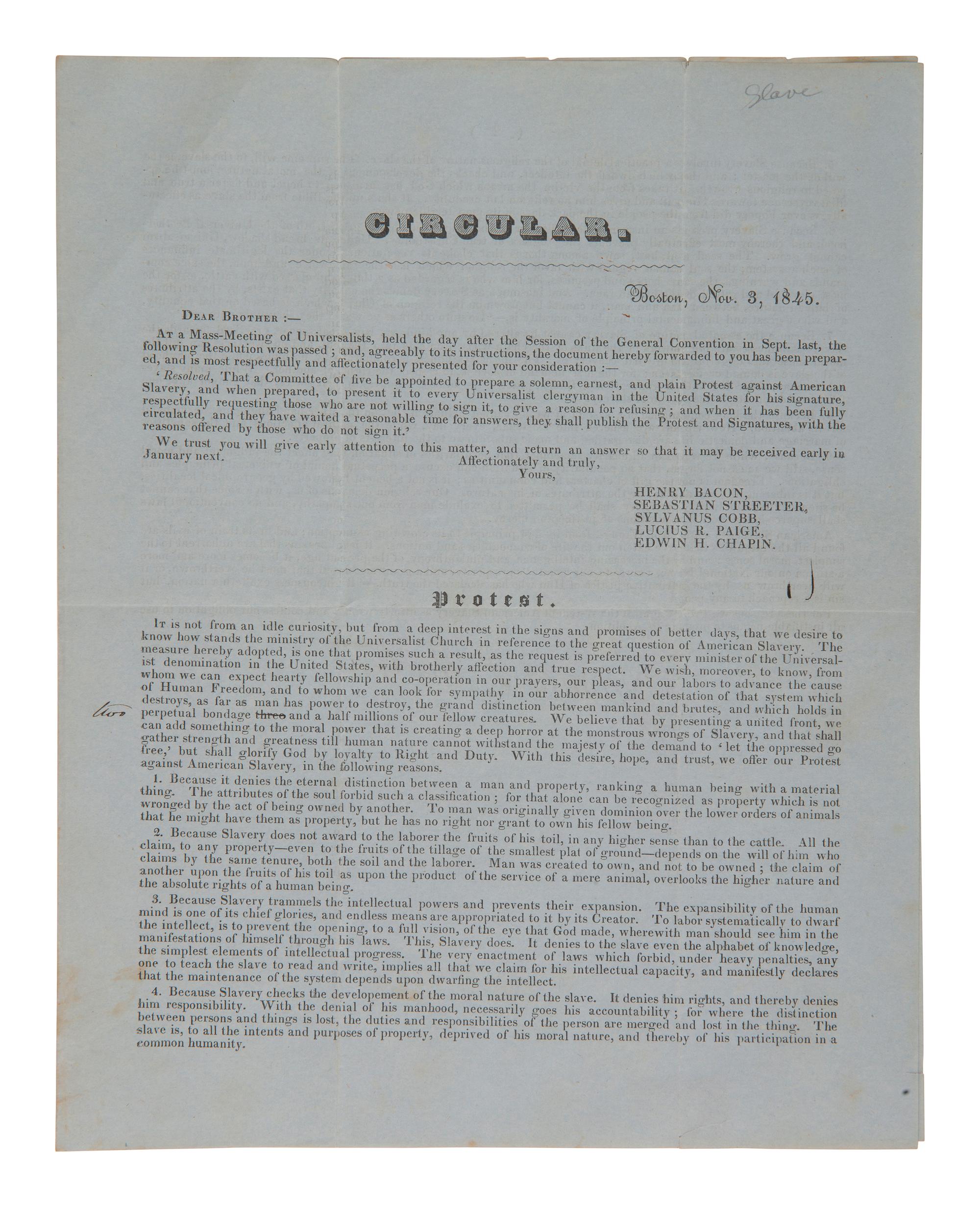 [ABOLITION] Universalist Church circular outlining a protest against slavery signed by James Weston