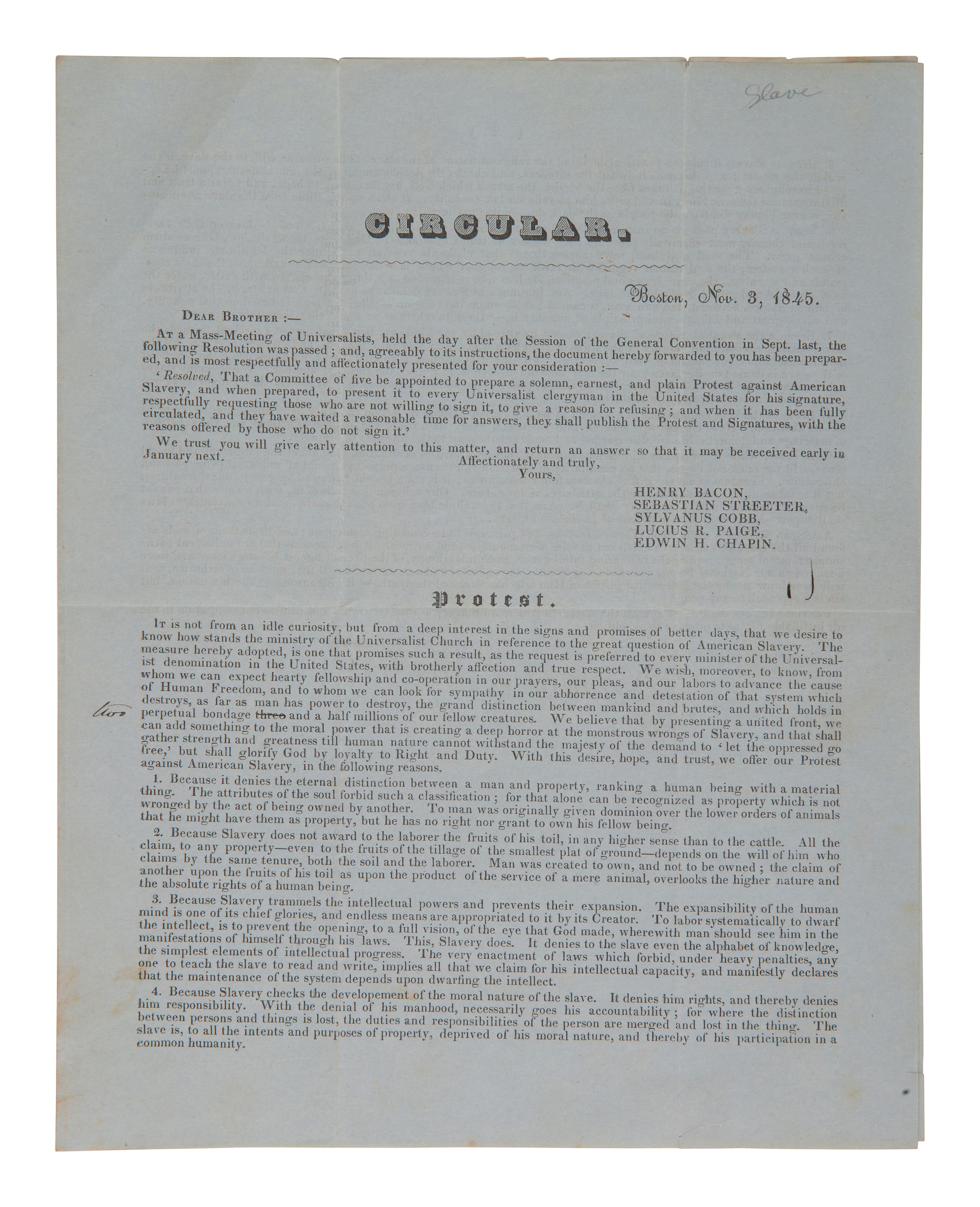 [ABOLITION] Universalist Church circular outlining a protest against slavery signed by James Weston
