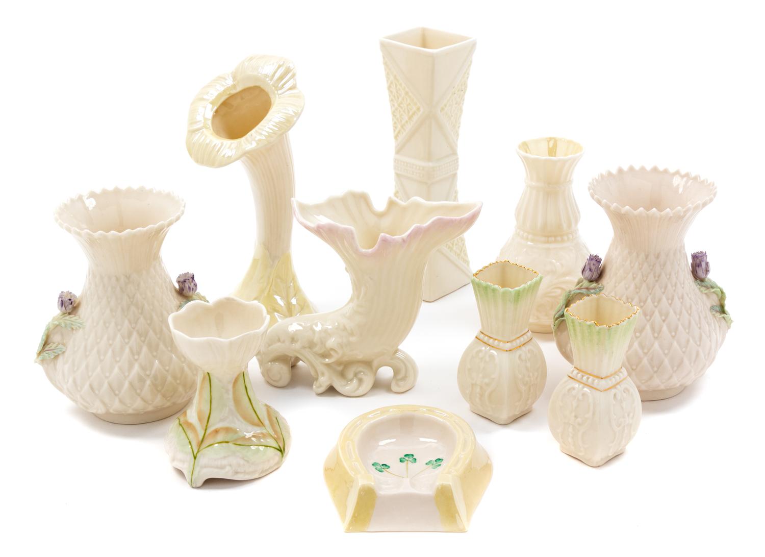 Nine Belleek Vases Height of tallest 7 1/2 inches. — SIXTH GREEN MARK (1965-1980)