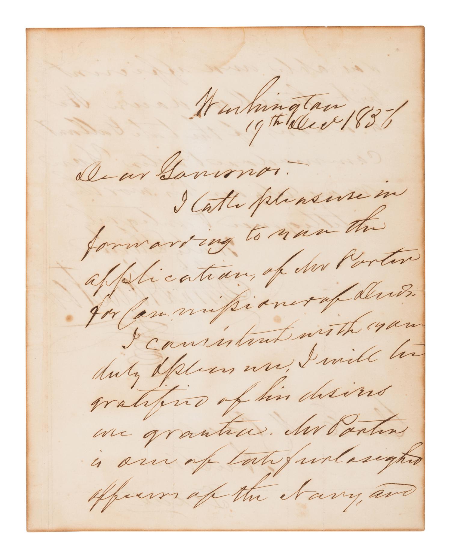 HOUSTON, Sam (1793-1863). Autograph letter signed as Senator ("Sam Houston"), to Elisha M. Pease. Washington, D. C., 19 December 1856.