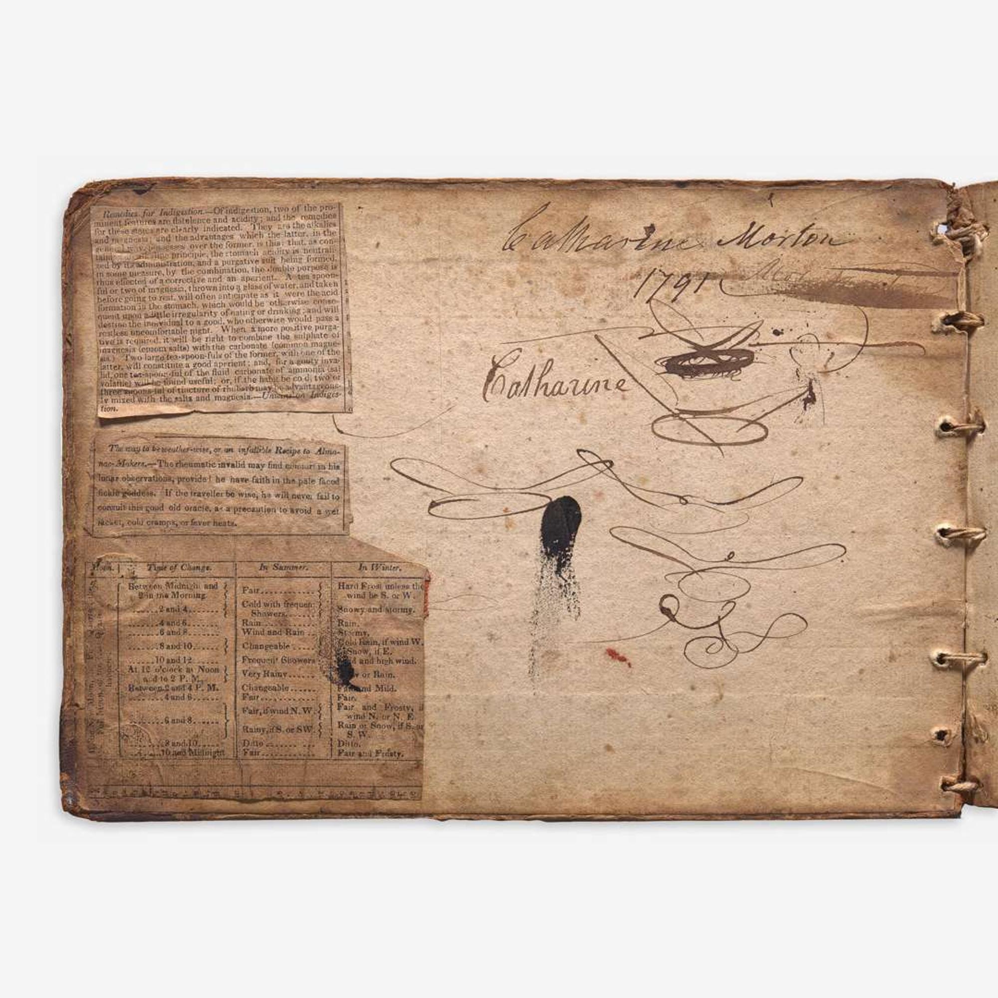 A rare 18th-century American manuscript culinary and medicinal recipe book of Catharine Morton(1767-1836) New York City, 1791 to early 19th century