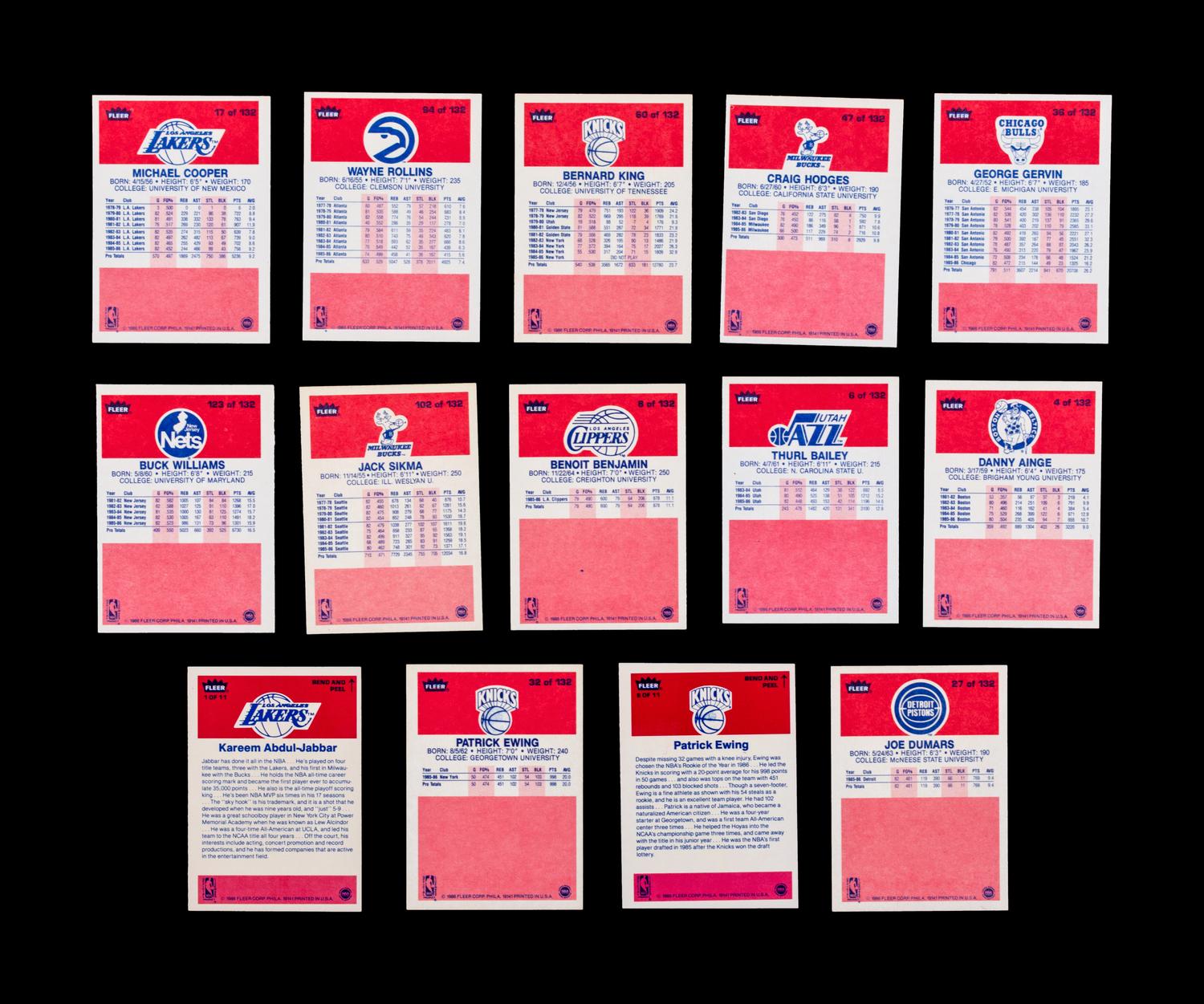 A Group of 54 1986 Fleer Basketball Cards, Including a Patrick Ewing Rookie No. 32, and Two Stickers