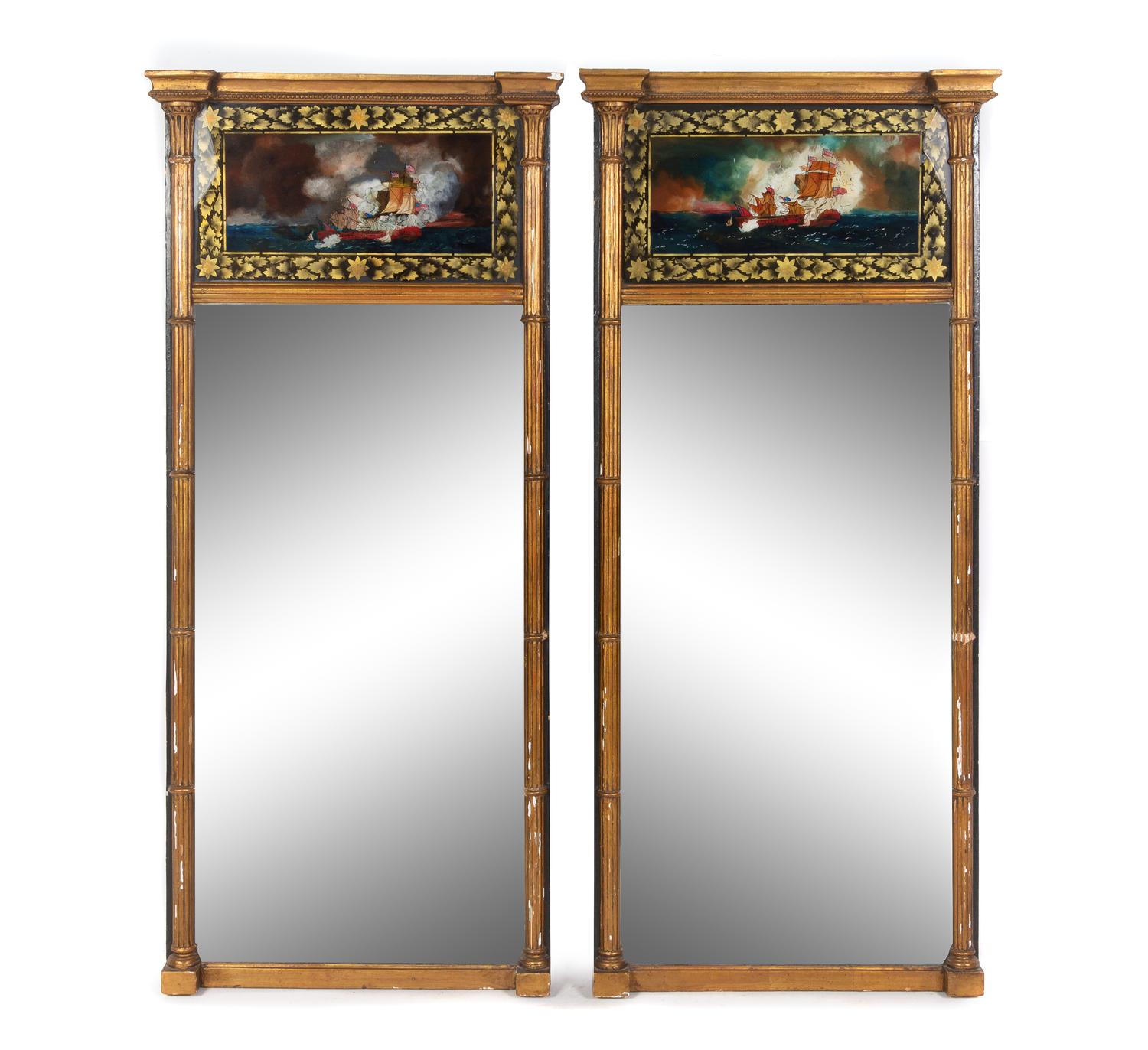 A Pair of Classical Giltwood Églomisé Looking Glasses