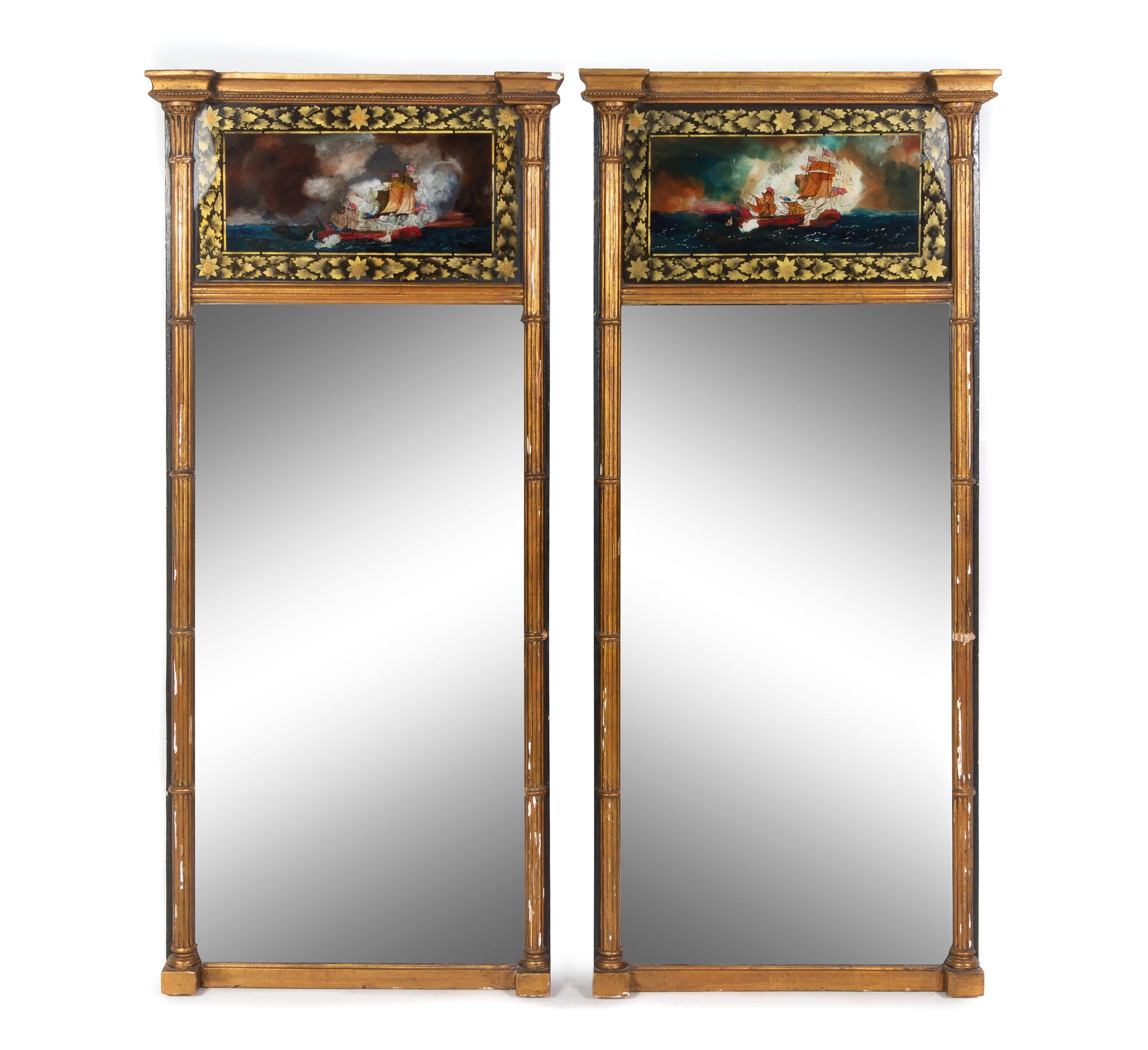 A Pair of Classical Giltwood Églomisé Looking Glasses