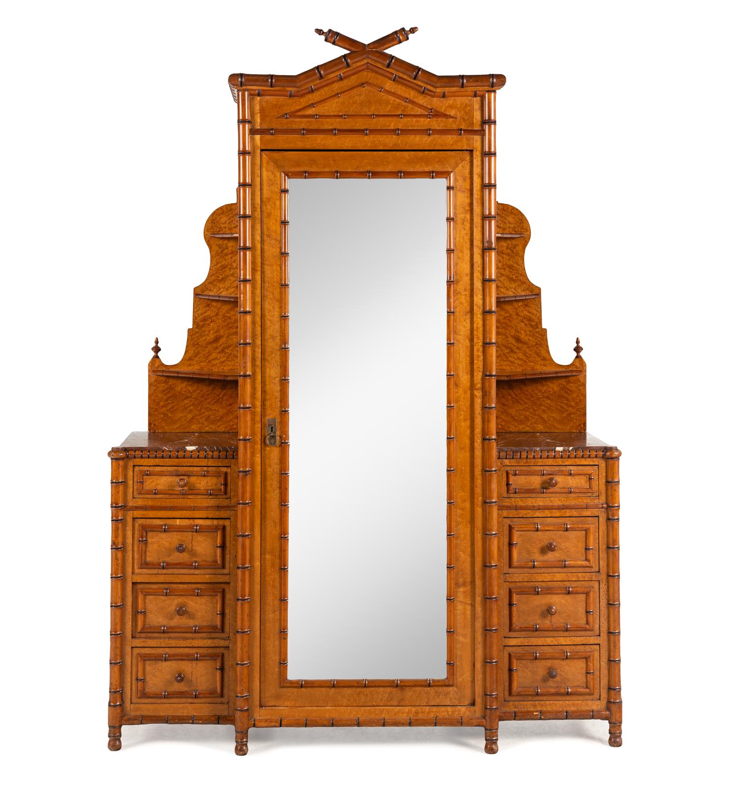 A Faux Bamboo and Birds-Eye Maple Dressing Cabinet