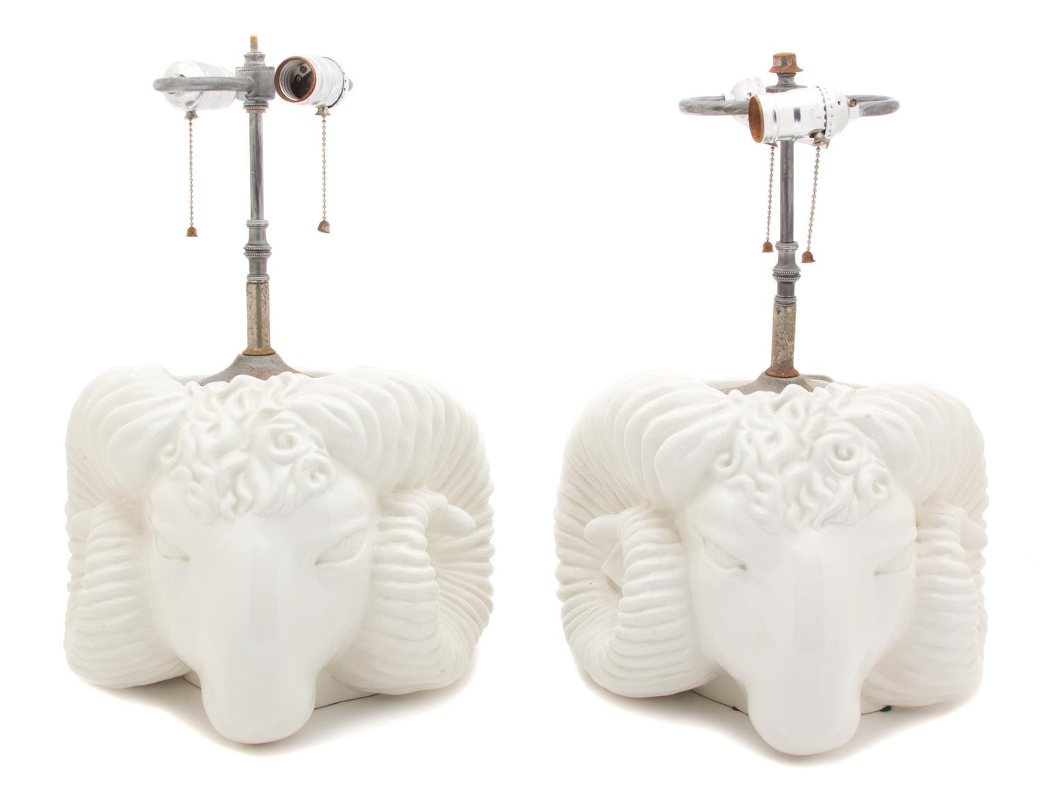 A Pair of Rams Head-Form Painted Ceramic Table Lamps Height overall 18 inches. — 20TH CENTURY