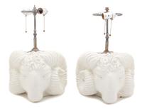 A Pair of Rams Head-Form Painted Ceramic Table Lamps Height overall 18 inches. — 20TH CENTURY