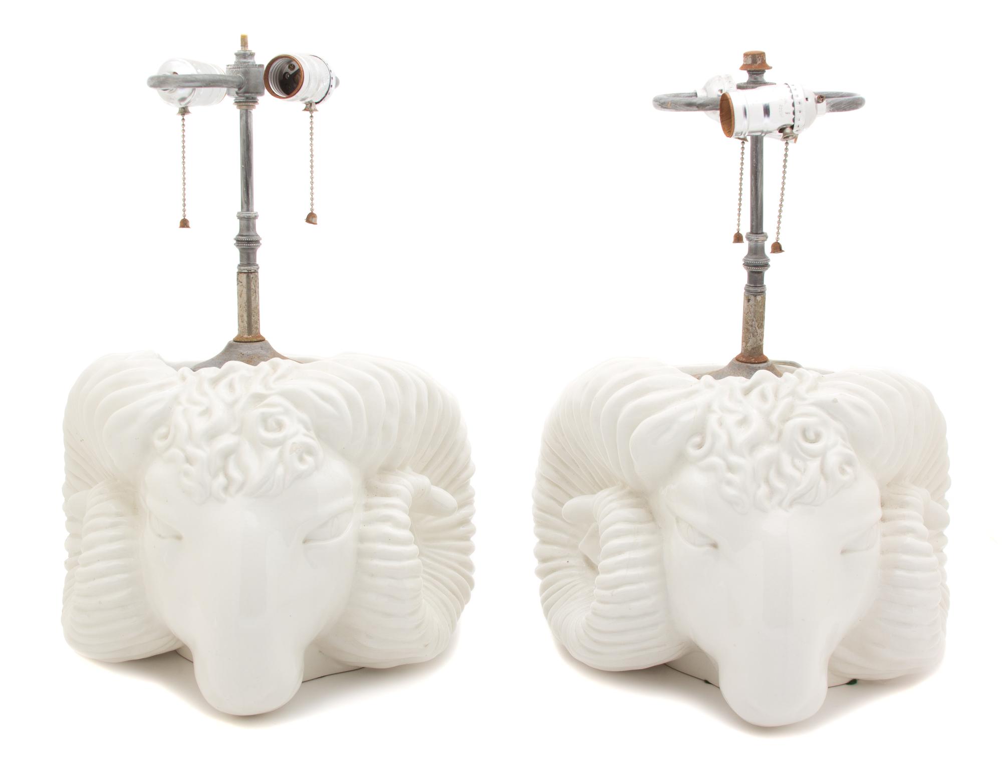 A Pair of Rams Head-Form Painted Ceramic Table Lamps Height overall 18 inches. — 20TH CENTURY