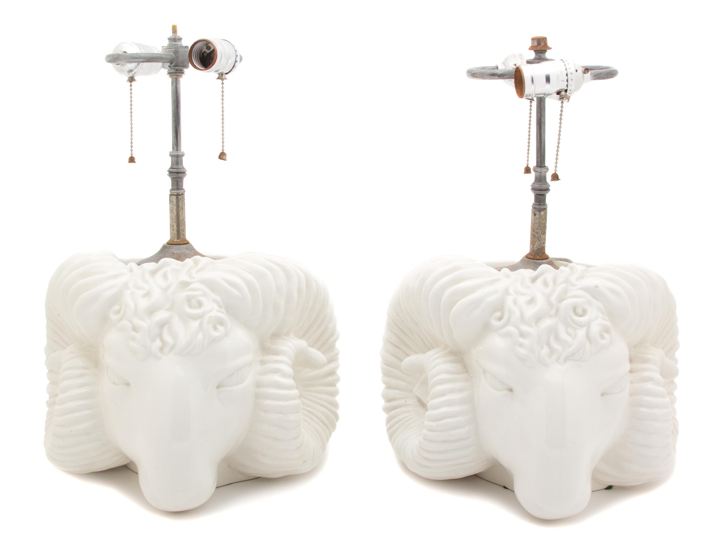 A Pair of Rams Head-Form Painted Ceramic Table Lamps Height overall 18 inches. — 20TH CENTURY