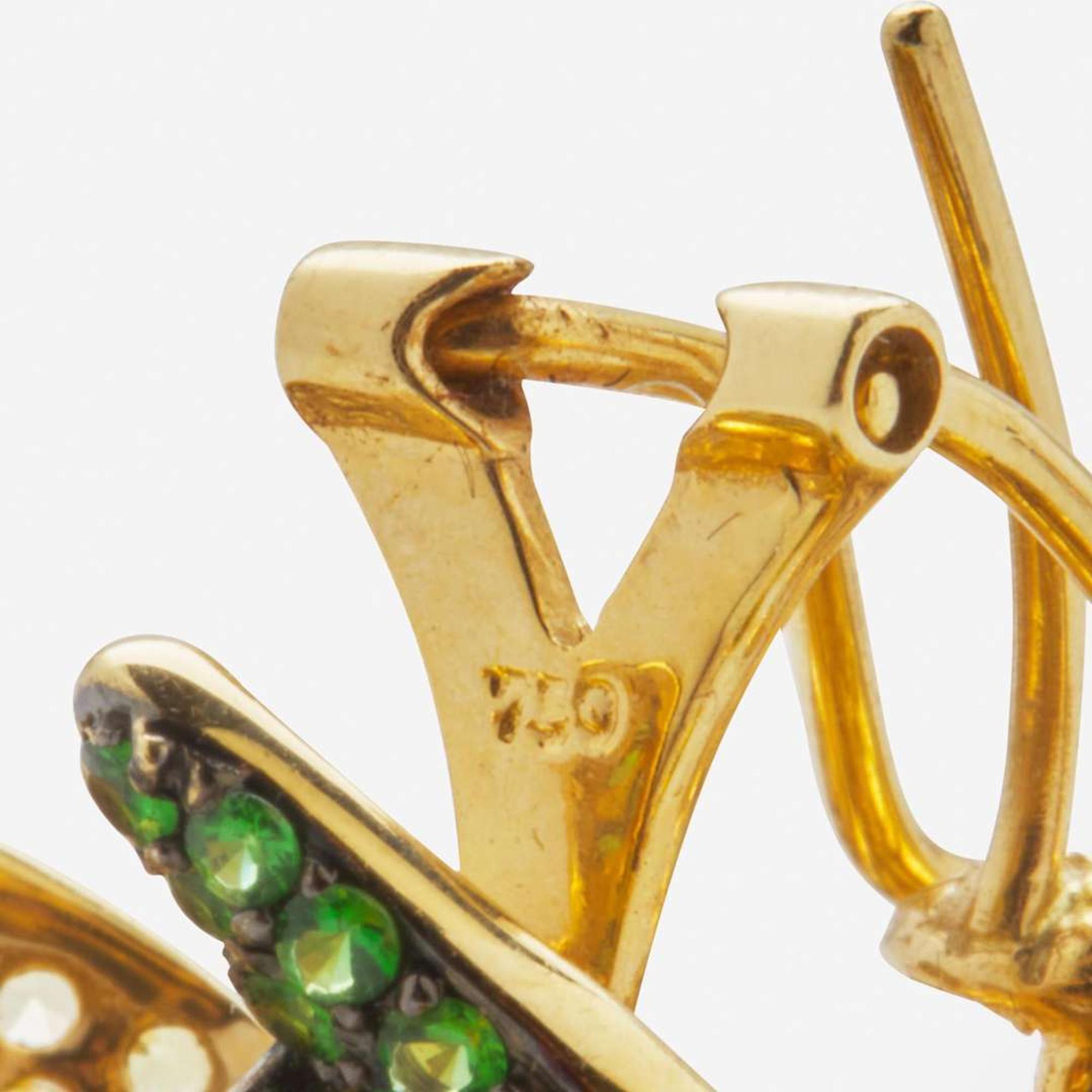 A Pair of Yellow Topaz, Diamond and Emerald Flower Earrings