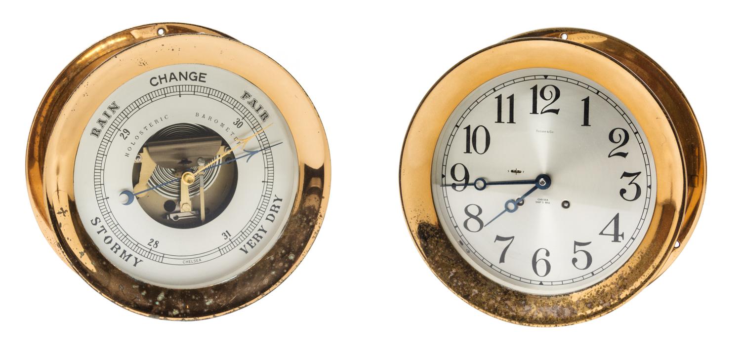 A Chelsea Brass Wall Mounted Clock and Matching Holosteric Barometer Diameter 10 1/2 inches. — TIFFANY & CO.