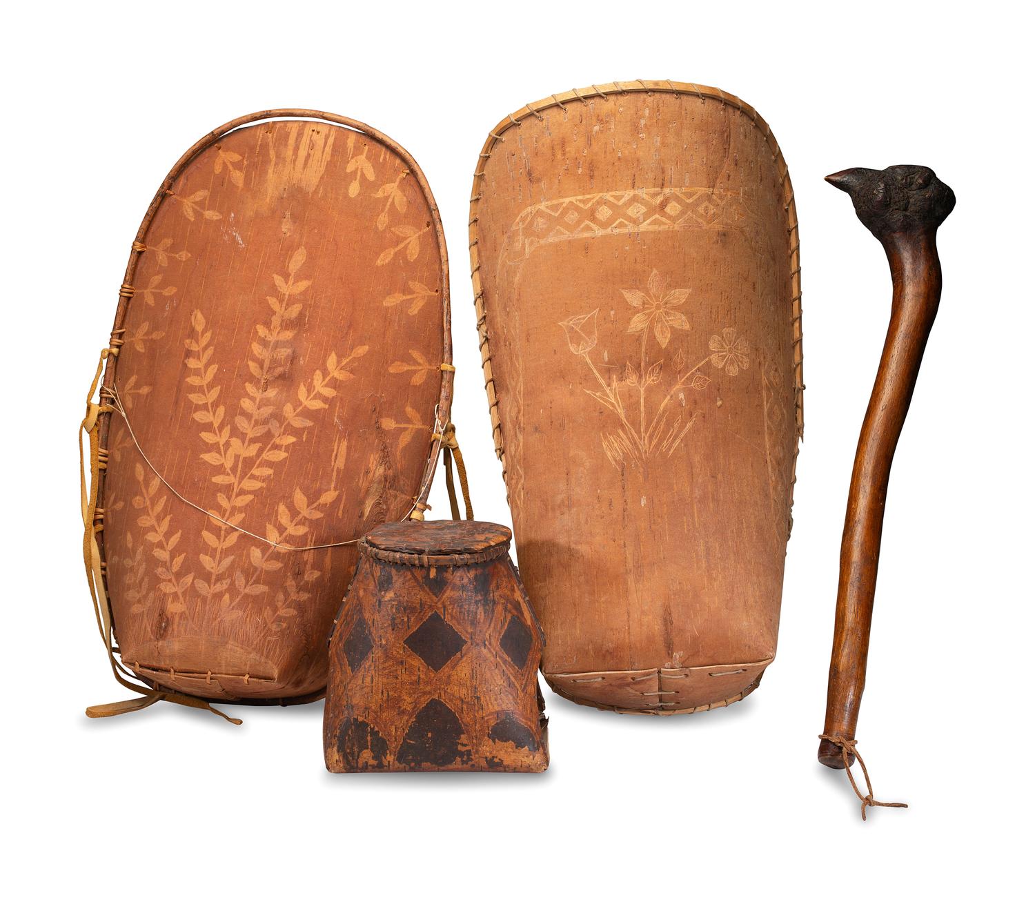 Penobscot Club and Decorated Birchbark Cradles