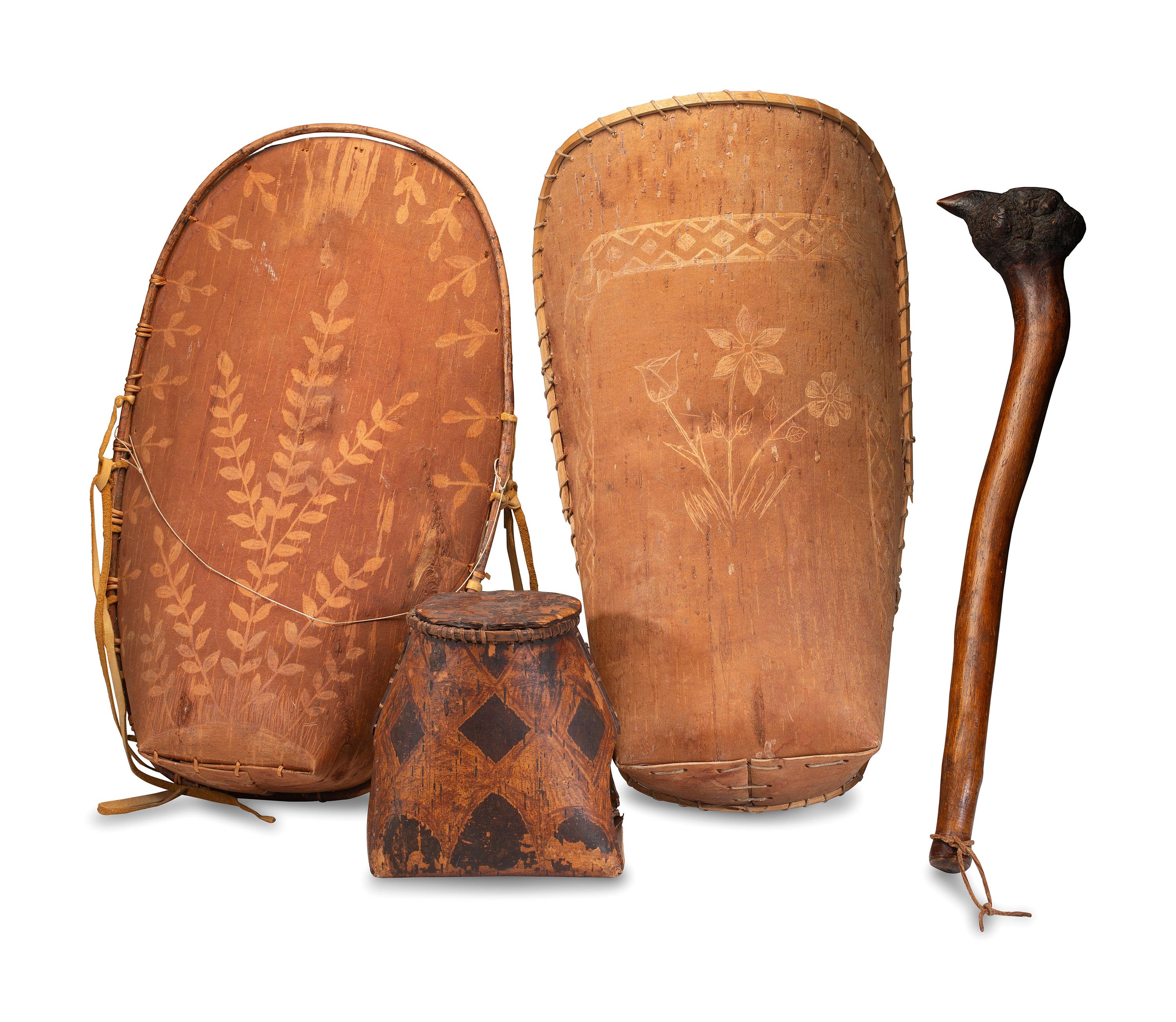 Penobscot Club and Decorated Birchbark Cradles