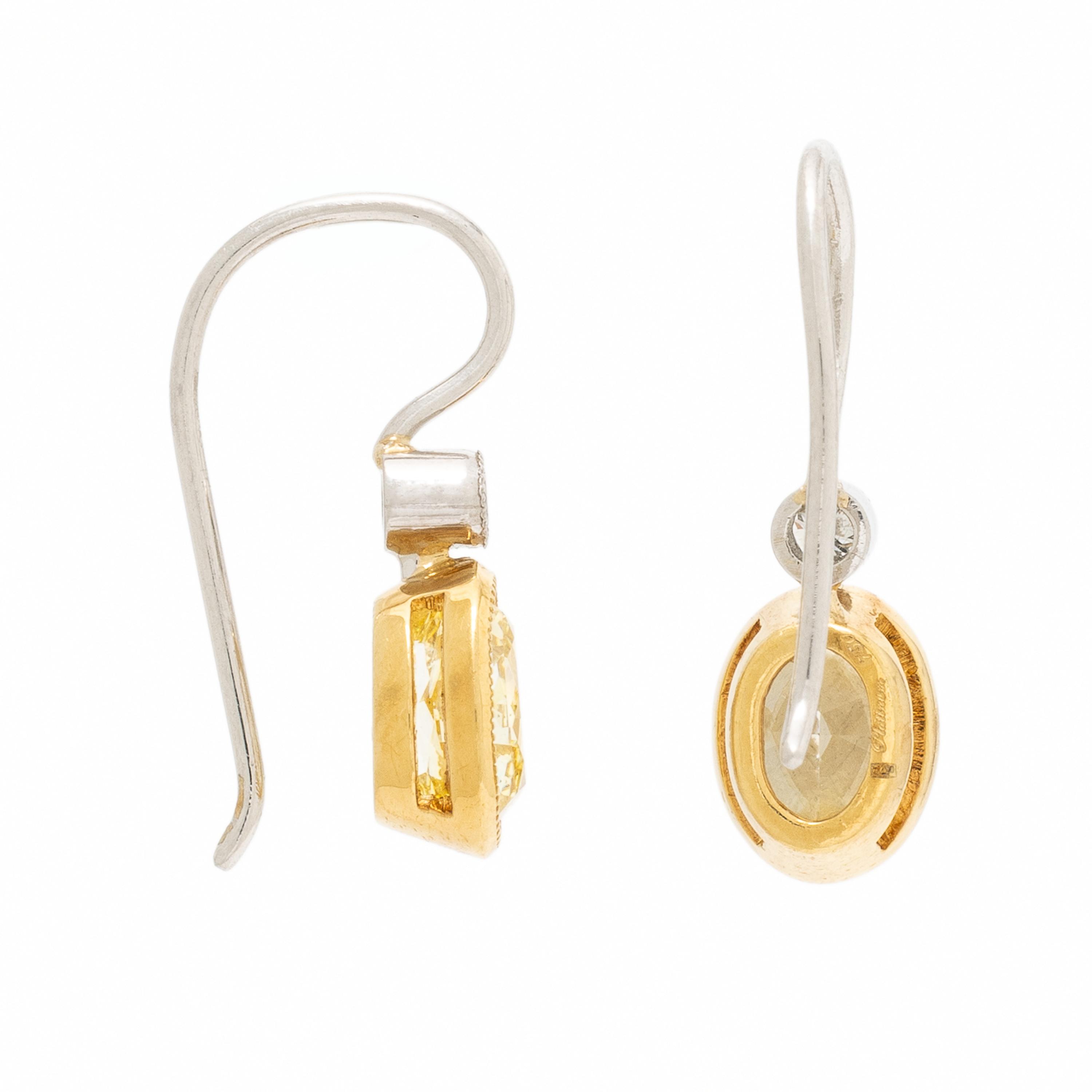 Yellow Diamond, Diamond, Yellow Gold, and Platinum Earrings