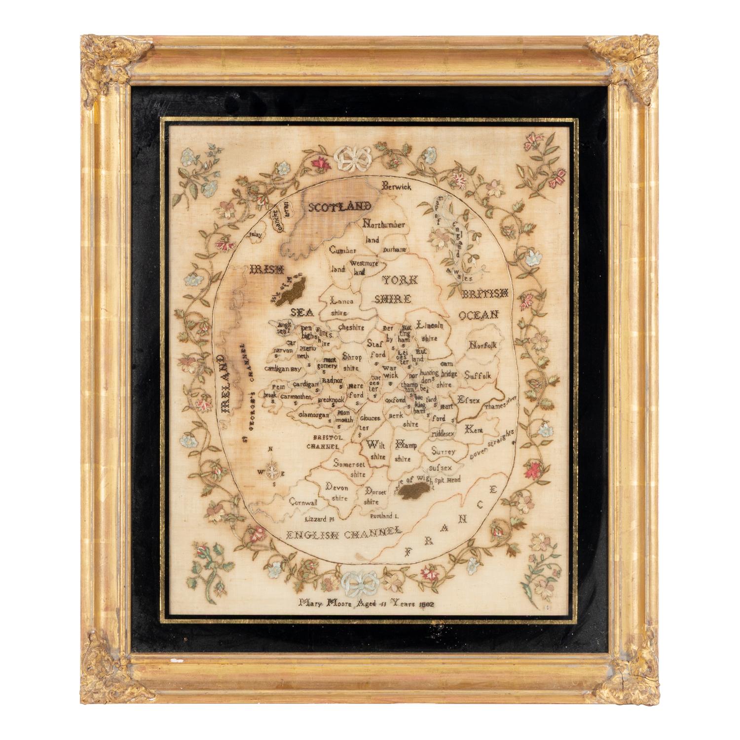 An English Needlepoint Embroidered County Map of England and Wales
