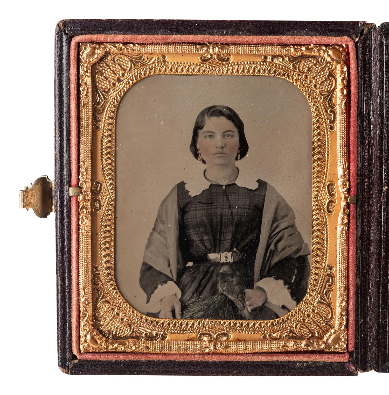 BIRD ALERT! A pair of tintype portraits of the same woman holding a dove.