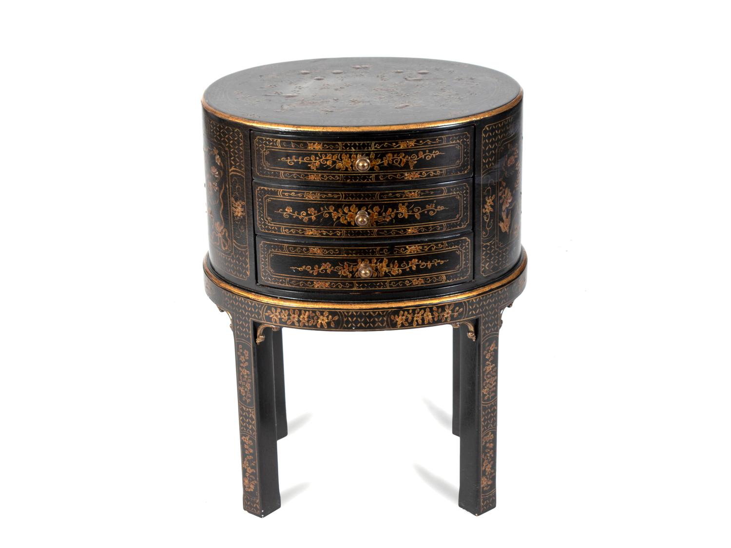 A Chinese Black Lacquer Oval Chest on Stand — 20TH CENTURY