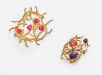 A Pair of Gold and Gemstone Brooches