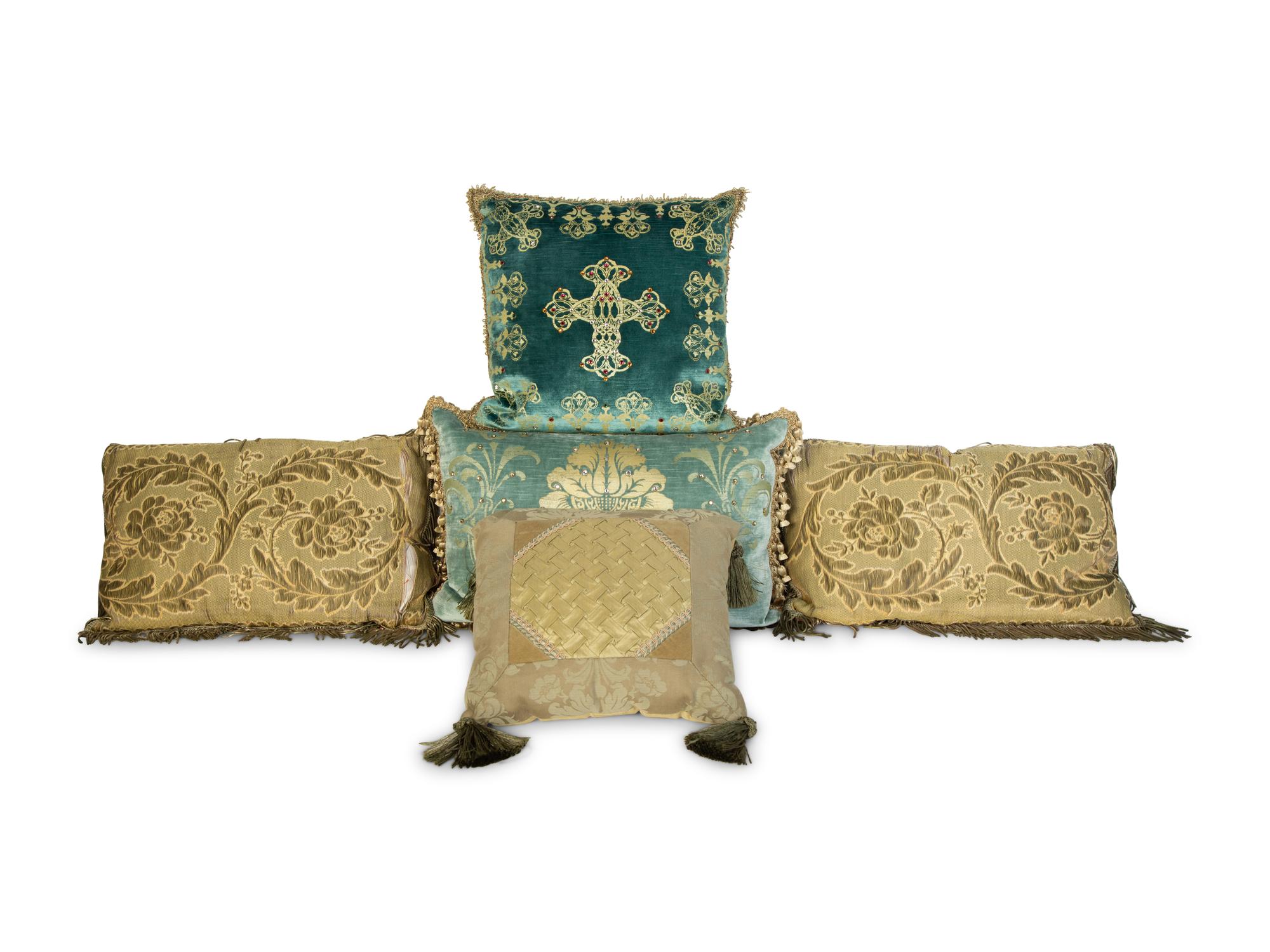 Five Decorative Jeweled Silk and Velvet Pillows — 20th Century