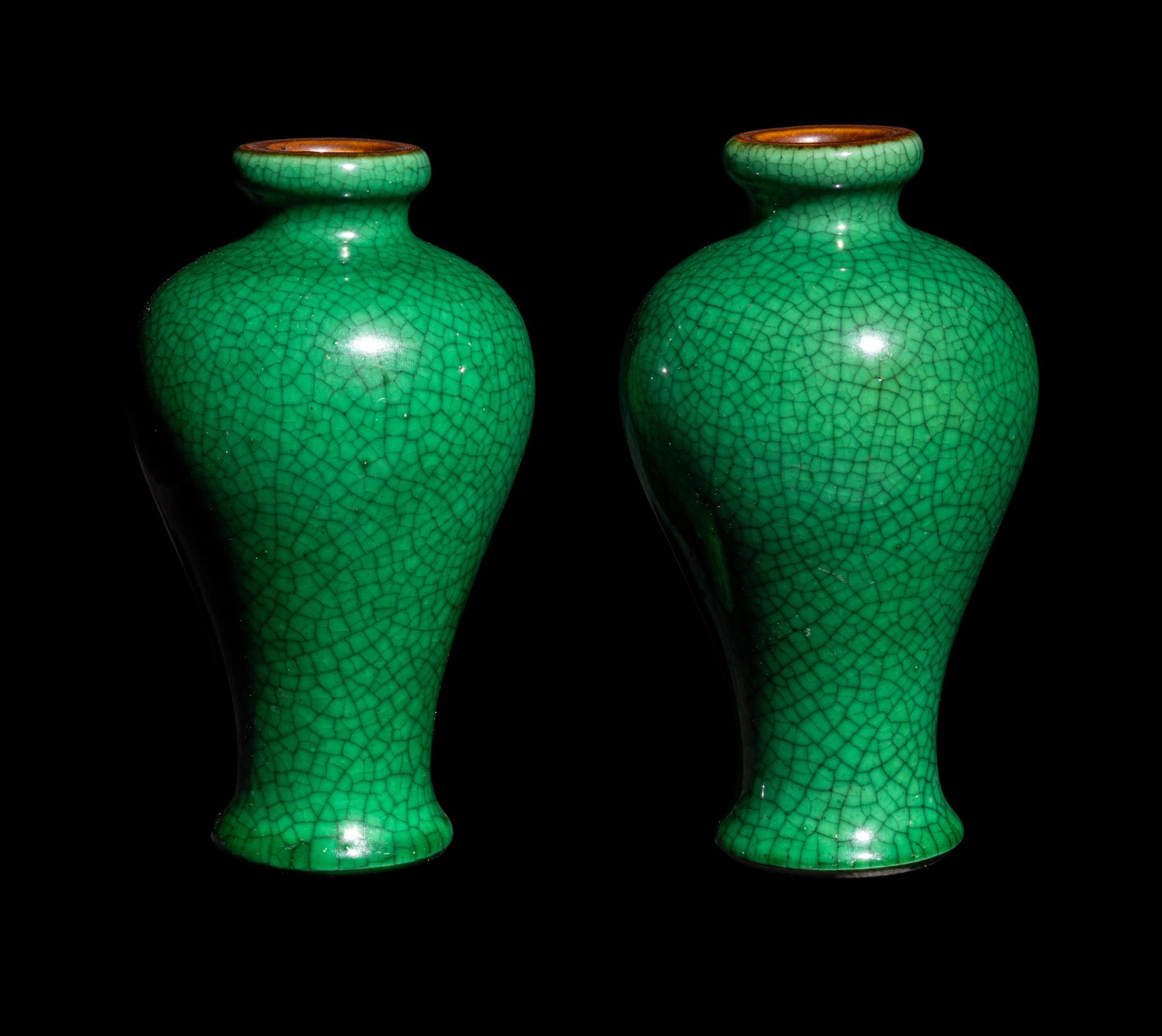 A Pair of Chinese Green Ground Crackled Glazed Porcelain Vases