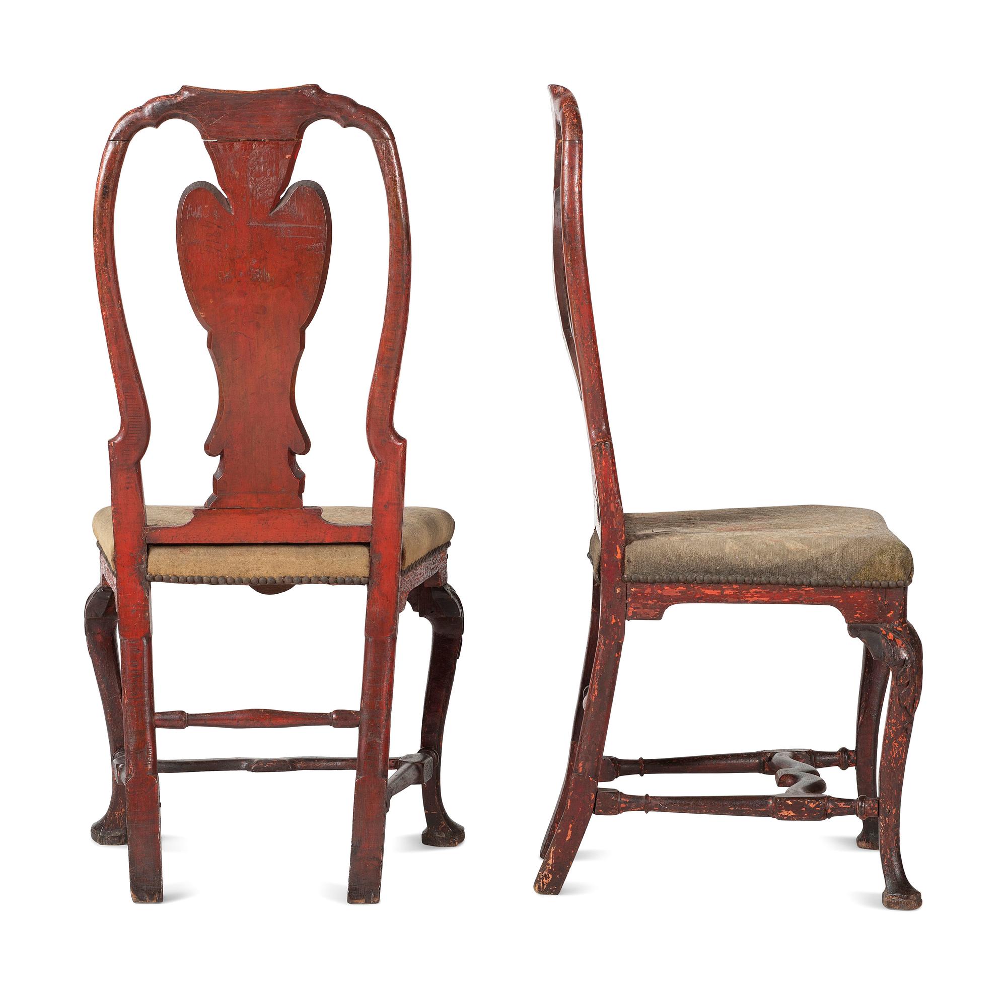 A Pair of Dutch Rococo Shell-Carved, Red Painted and Polychrome Decorated Side Chairs